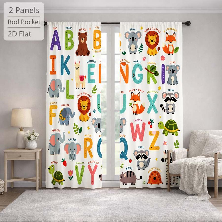 2Pcs Cartoon Animal Alphabet Kids Curtains Digital Printed Rod Pocket, Window Treatment For Bedroom Office Kitchen Living Room Study Home Decor