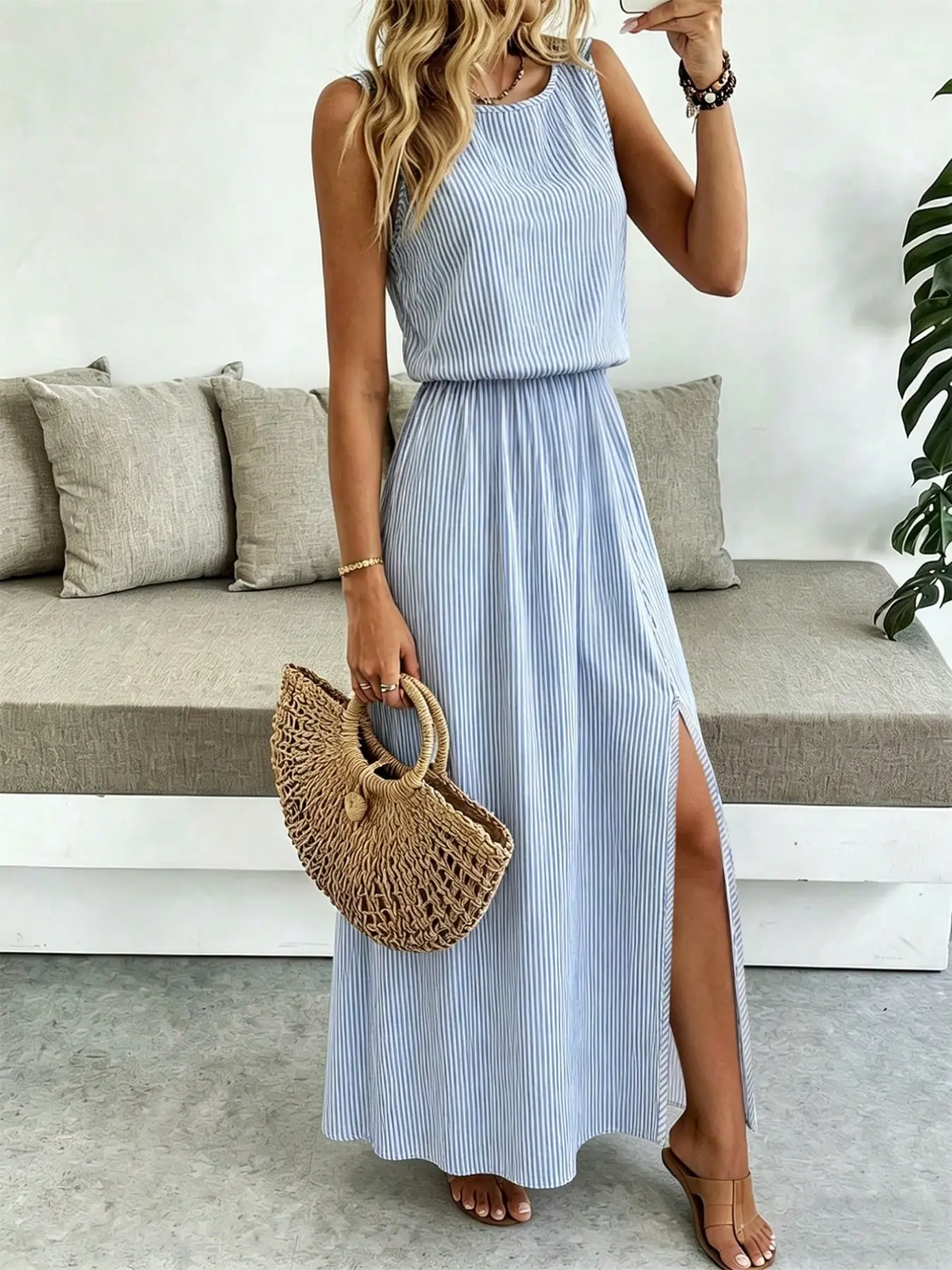 Women's Sleeveless Round Neck Solid Color Casual Commuter Dress, Waist Cinched, Split Hem, Perfect for Daily Wear and Office