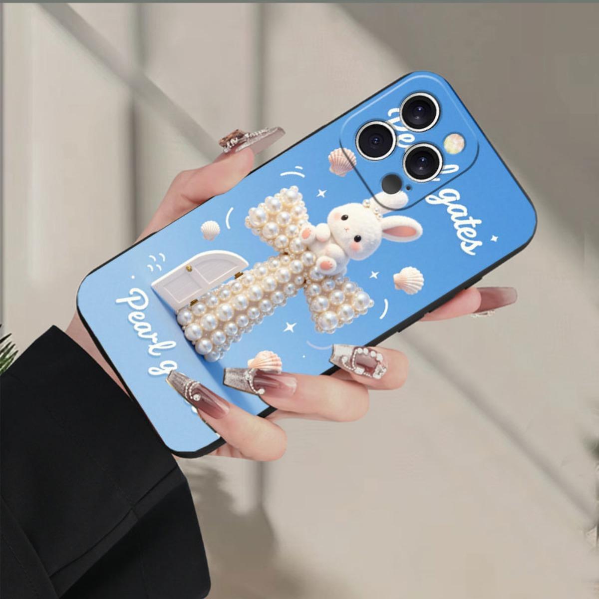 Phone case: Pearl Door religious Christian theme phone case, decorated with a cute rabbit on a pearl cross, featuring shells and glitter, suitable for iPhone 17/17pro/16/X/XS/XR/11/12/13/14/15/16Plus/17ProMax, printed imitation liquid phone case