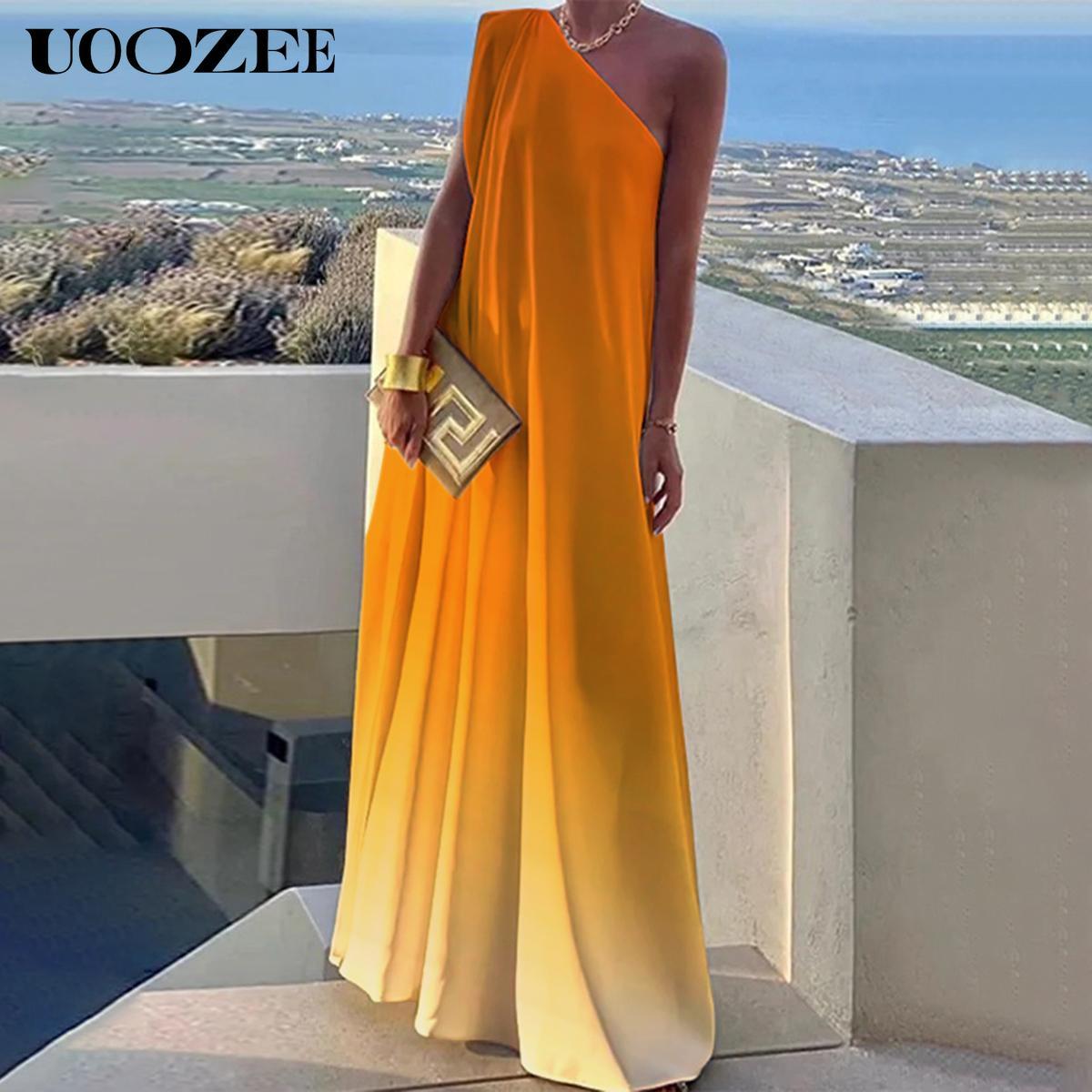 UOOZEE Women's Casual Loose Asymmetric Solid Color Split-Joint One-Shoulder Maxi Dresses, Party, Holiday Elegant Style, Chiffon Fabric, birthday outfit One Size Up Recommended for C - Cup and Above