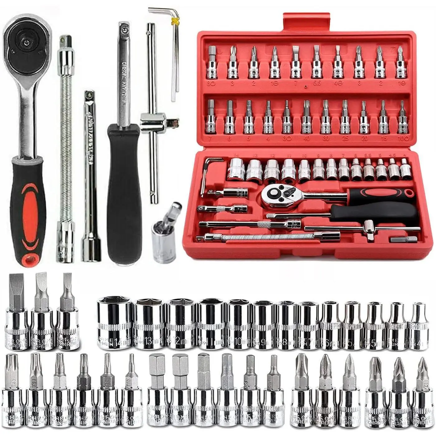 46-Piece 1/4 in. Drive Ratchet Socket Wrench Set with Quick-Release Ratchet, Metric Bits Sockets, Extension Bar for Car Repair, Home Repairs