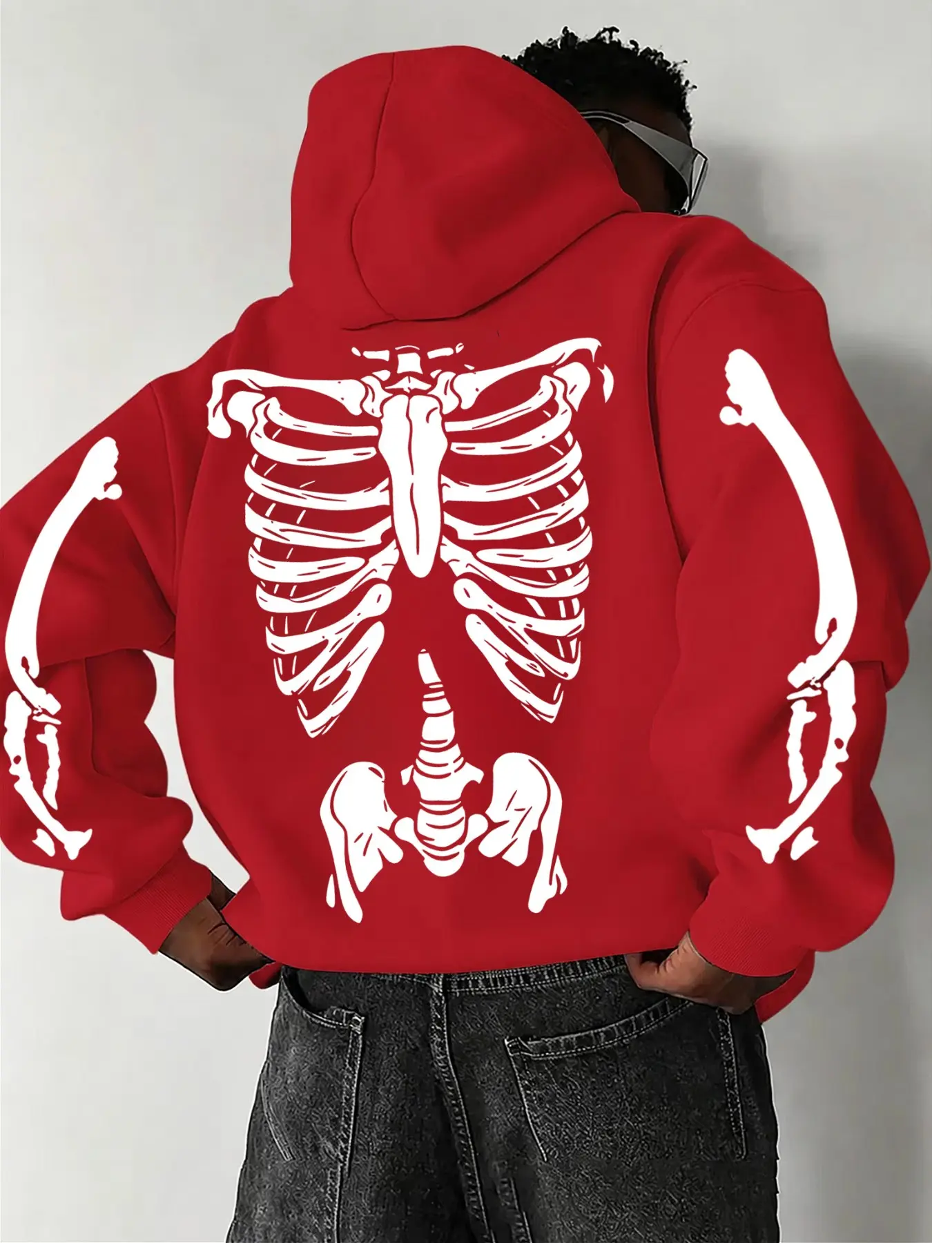 Men Oversized Drawstring Hoodie, Long Sleeve, Front Lovesick Handwritten Letter Print & Full Skeleton Bone Graphic on Back and Sleeves, Kangaroo Pocket Loose Gothic Streetwear Casual Pullover Sweatshirt #SkeletonHoodie