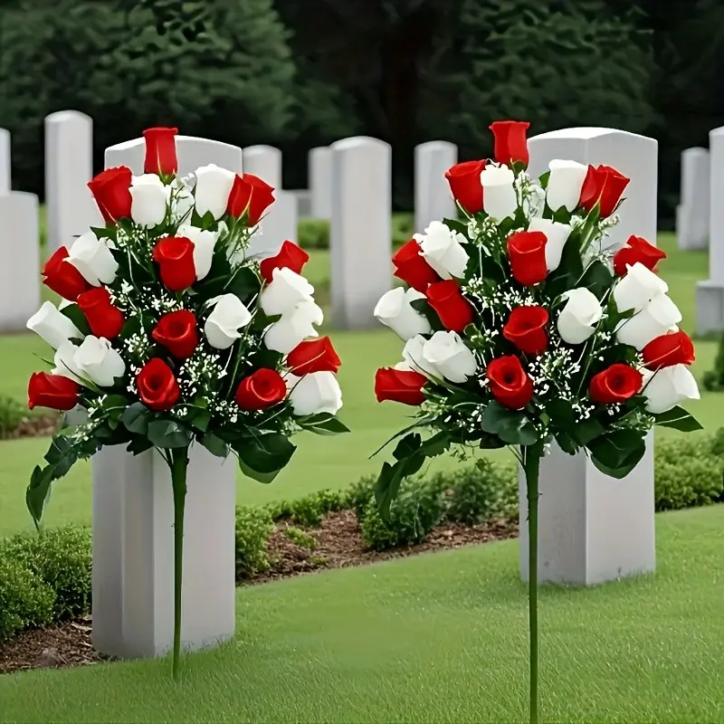 Two Bunches for Cemetery Memorials, Artificial Rose Bouquets for Outdoor Use, Floral Decorations for Gravestones, Eternal Roses for Remembrance, Artificial Flower Decoration