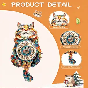 Colorful Cat 3D Wooden Wall Clock, Handmade DIY Assembly, Swinging 3D Clock, Roman Numerals, Desktop Home Office Decor, Halloween Christmas Gift