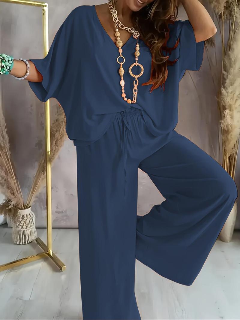 Women's Solid V Neck Tee & Wide Leg Pants Loungewear Two-Piece Set, Casual Comfy Short Sleeve T-Shirt & Trousers PJ Set, Ladies Sleepwear for Summer, Pajama Set