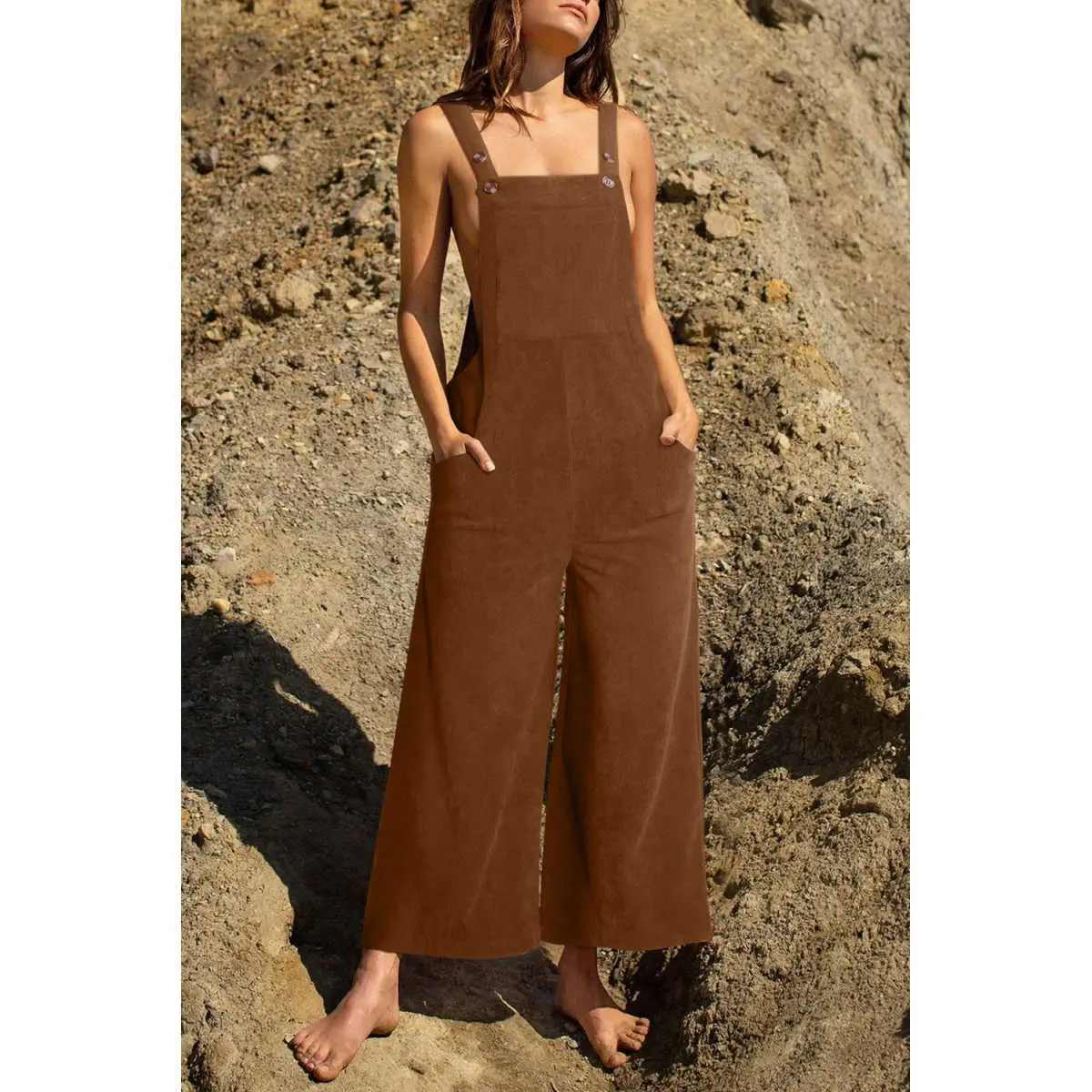 Brown Solid Color Corduroy Wide Leg Bib Overalls