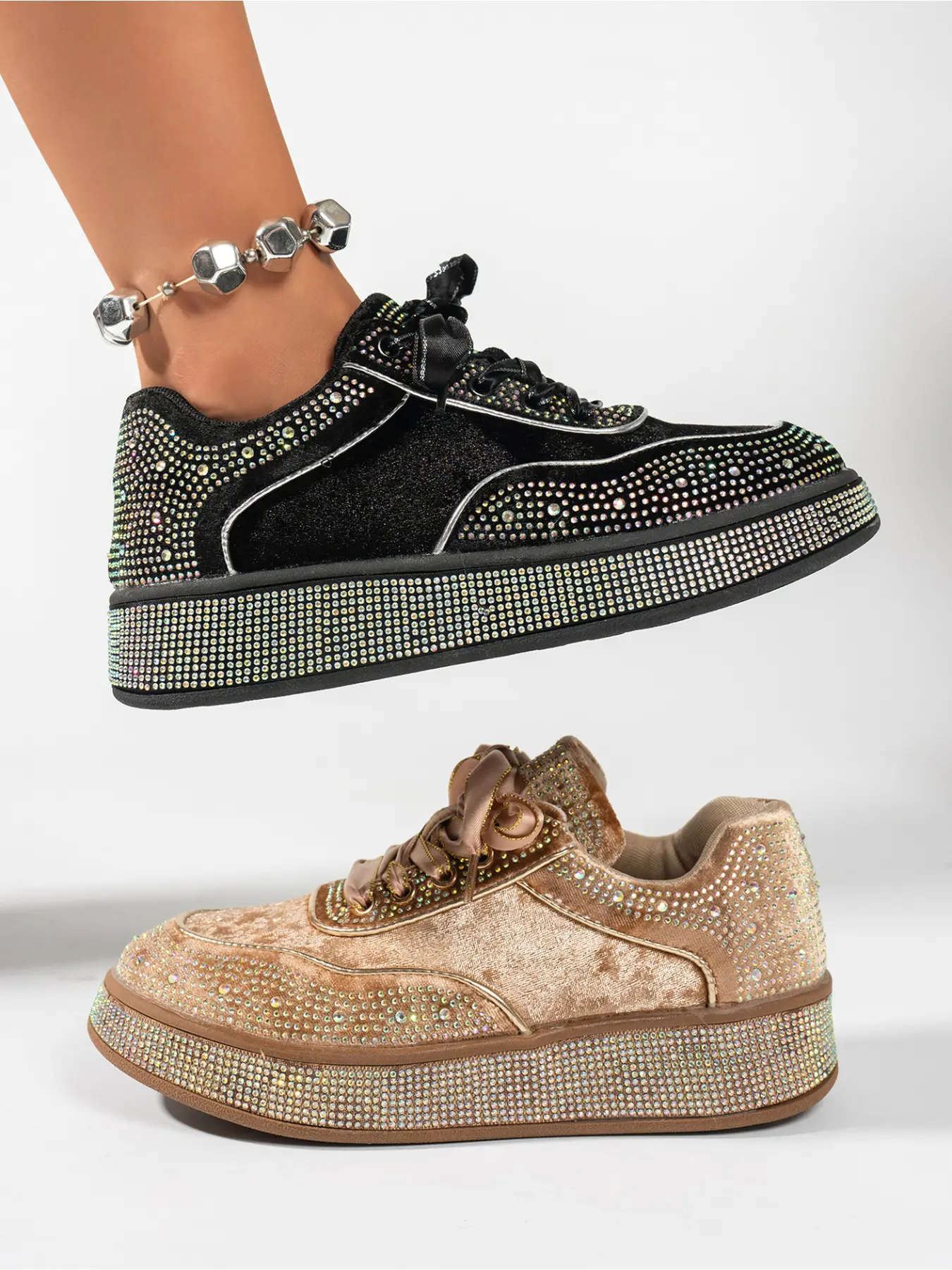 Ladies Black Velvet Rhinestone Platform Sneakers Satin Ribbon Lace Up Low Top Sparkly Casual Skate Shoes