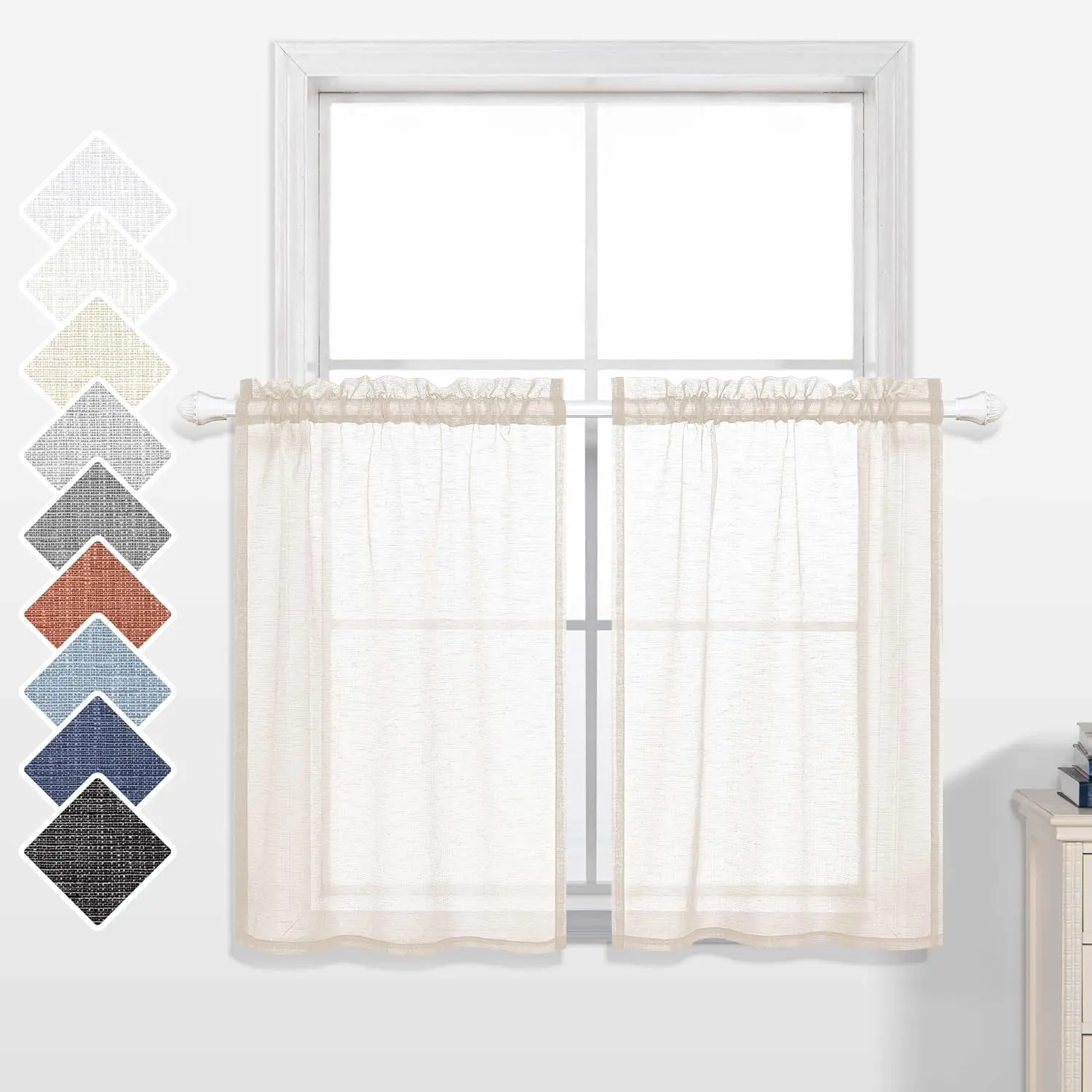 30 Inch Curtains for Kitchen Windows Set of 2 Pack Cafe Curtain Tiers Sheer Cream Beige Short Curtain for Small Windows Bathroom Wide 30x30 Inch Length
