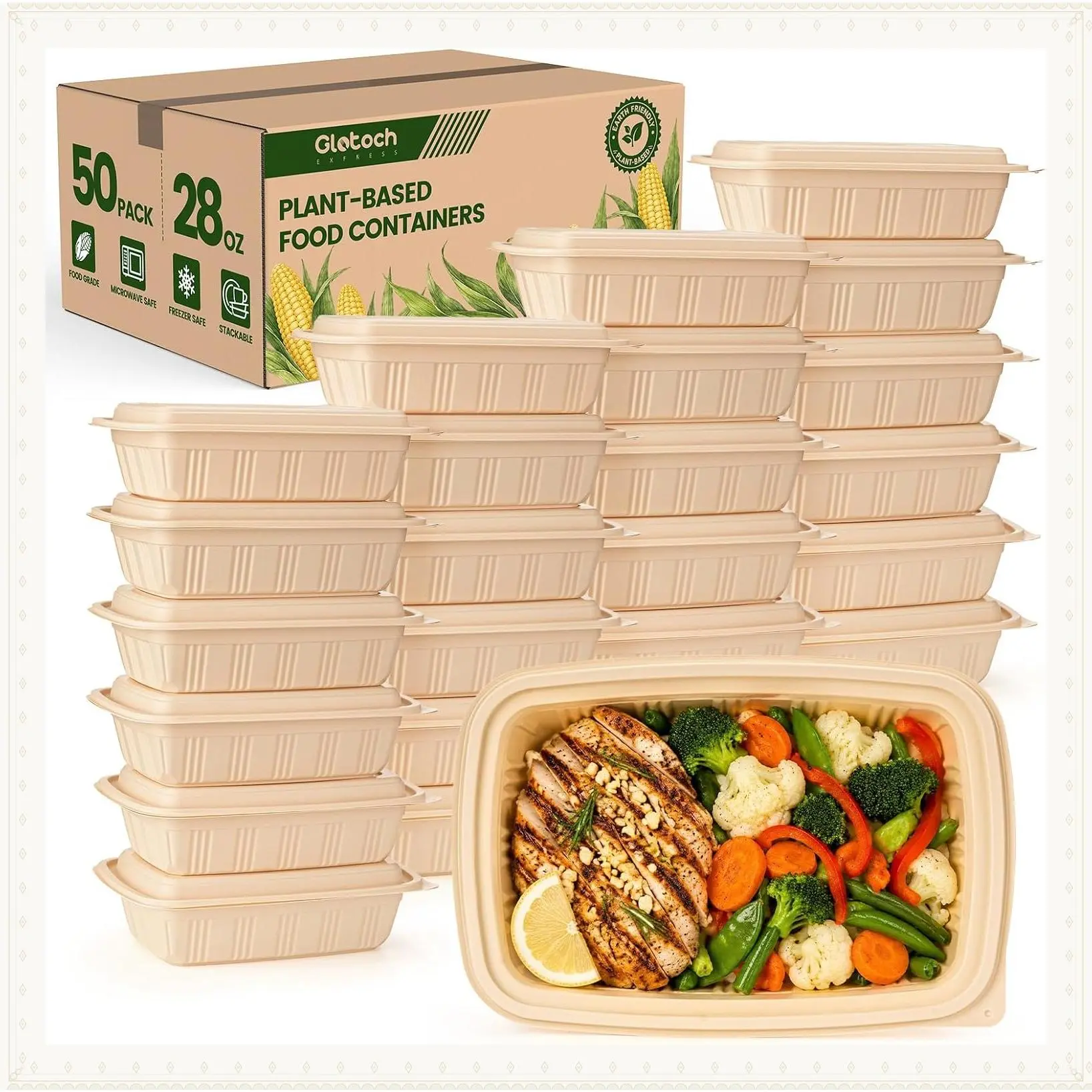 100 Piece (50 Pack) Meal Prep Containers with Lids, 28 oz Cornstarch Food Storage Containers Plant-based Lunch Box for Salad,BPA Free Plastic Take Out Containers Microwave and Freezer SafeGift