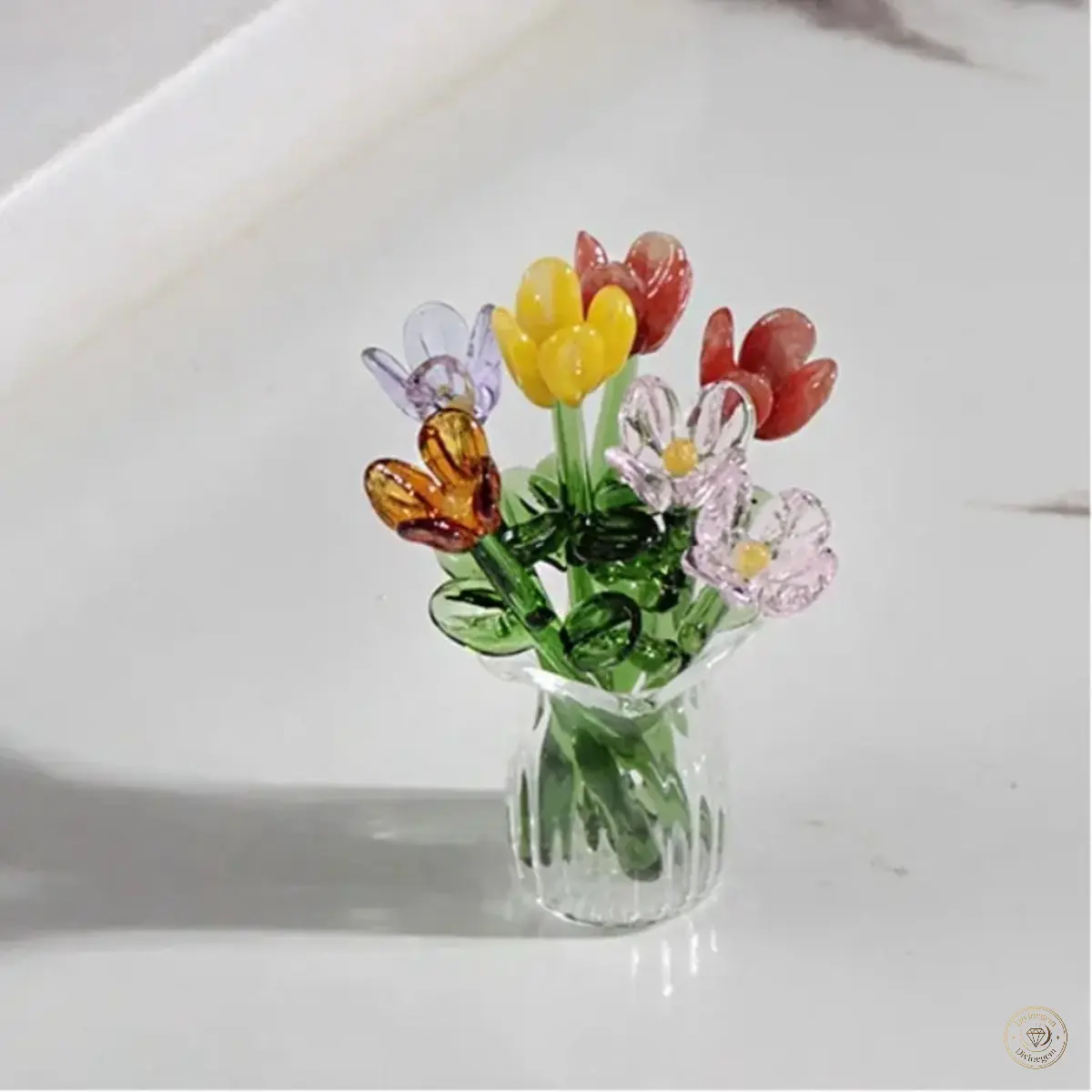 Hand‑Blown Mini Glass Flower Bouquet Ornament, Handcrafted Tiny Floral Sculpture With Clear Striped Vase, Multicolor Glossy Glass Decor, Suitable For Desktop Display, Shelf Styling, Dollhouse Layouts And Handmade Present‑Giving