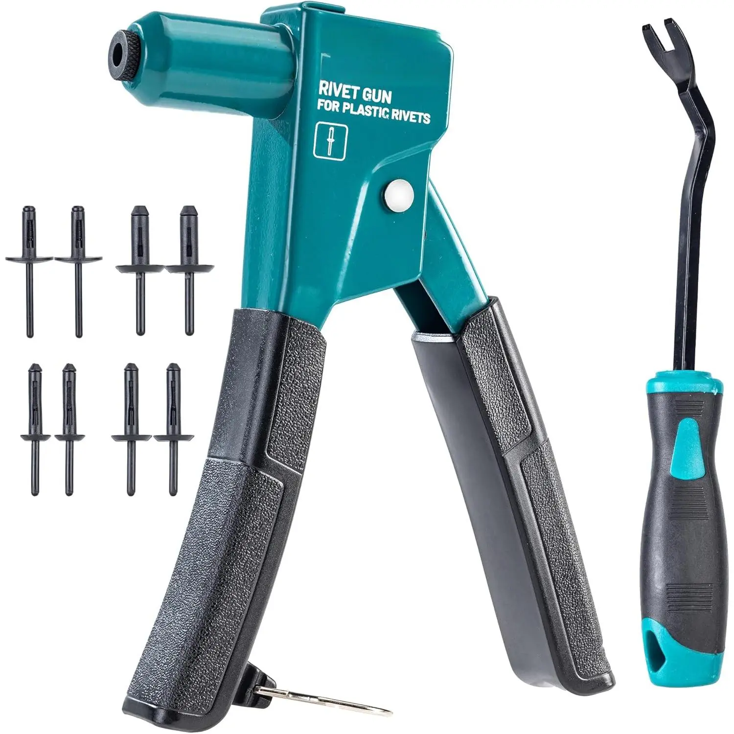 Plastic Rivet Gun Kit, 90 Degree Angle Hand Riveter with 40 Nylon Rivets (4 Sizes), Universal Nosepiece  Automotive/Electronics, Ergonomic & 50% Lighter Force
