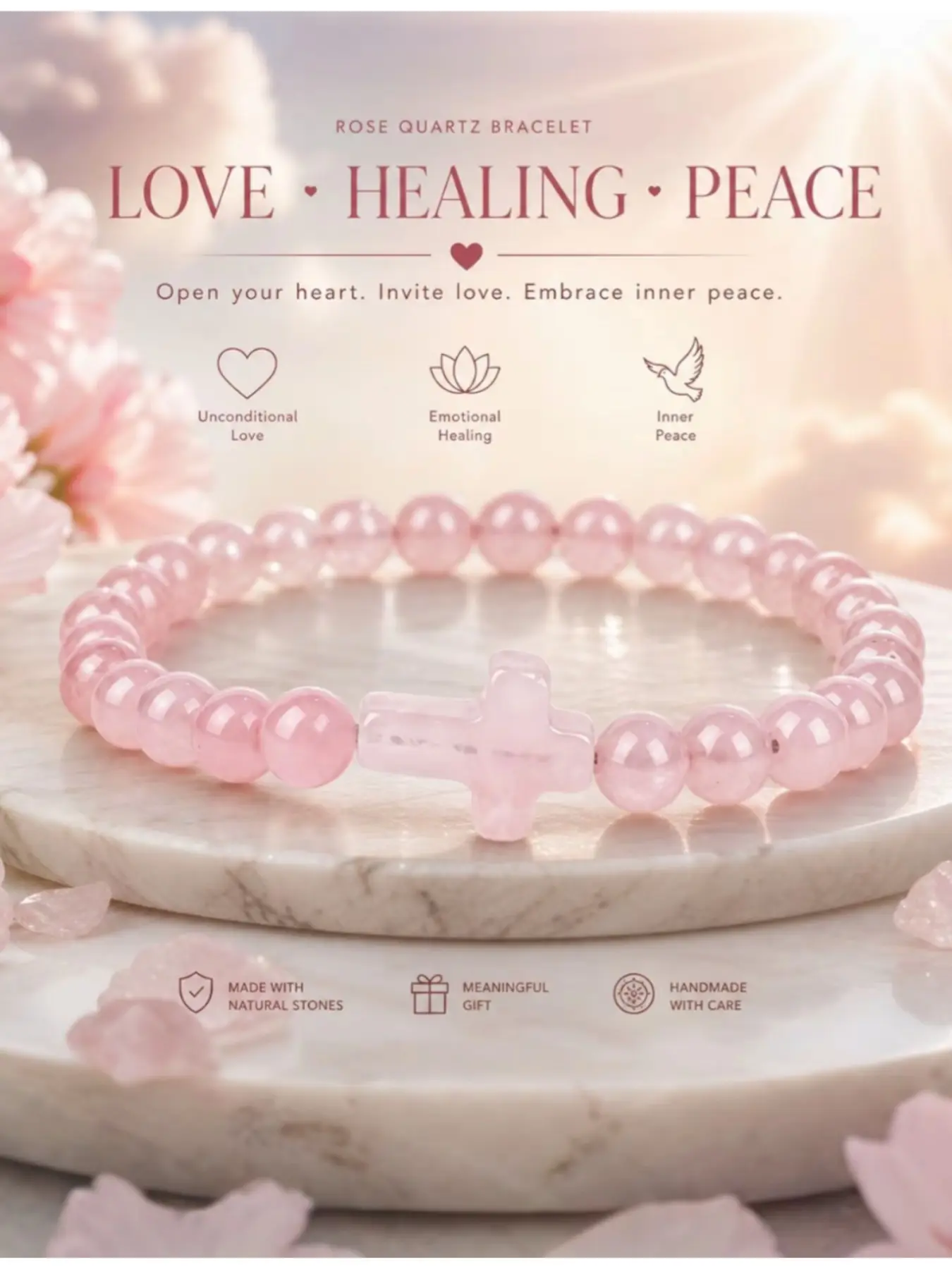 Crystal Bracelet, Natural Rose Quartz Beaded Chain with Cross Pendant, Women's Spiritual Protection Jewelry, Healing Crystal Jewelry