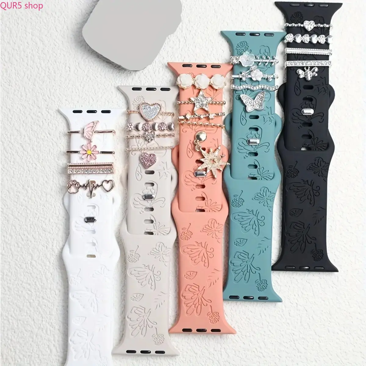 Soft silicone Apple Watch band with delicate engraved butterfly patterns and ornamental decorative rings, stylish sport bracelet design comfy for daily dressing and sports training. Universally compatible with all Apple Watch series and all dimensions. On