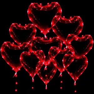 10 PCS Light Up Heart LED Balloons, Red Heart Shaped Clear Helium Bobo, Glow Bubble With 10 PCS String Lights for Wedding Birthday Party Decoration (Red)