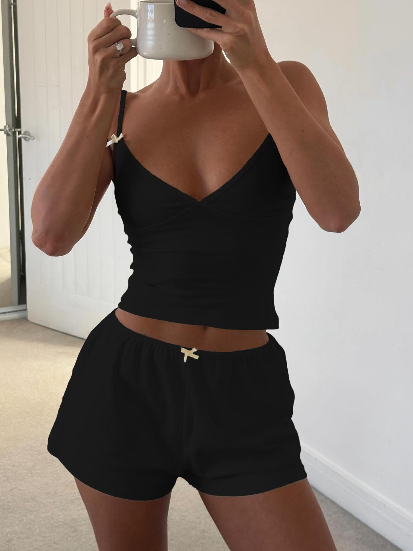 Two-piece Set Women's Solid Crop Cami Top & Shorts, Casual Comfy Camisole & Shorts for Daily Wear, Ladies Two-piece Outfits for Summer, Camisole Sets