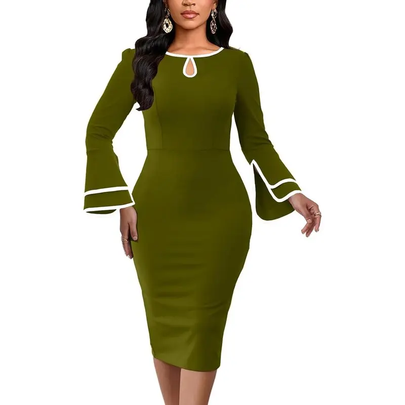 Women's Church Dress Bell Sleeve Business Attire Work Dress Cocktail Party Pencil Skirt Casual Dress