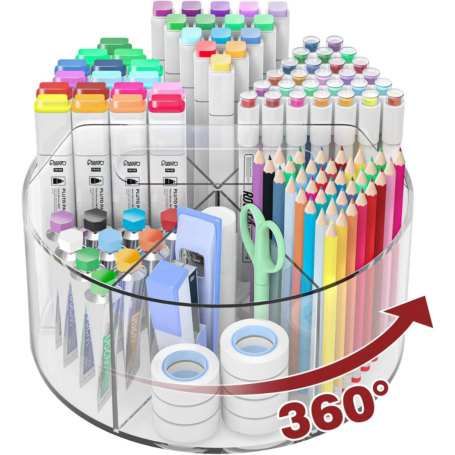 250pcs Acrylic Pencil Holder Marker Organizer, 360-Degree Rotating Pen Holder, Crayon Organizers for Kids Pencil Organizer Caddy Art Supply Lazy Susan Organizer for Desk Home School Office