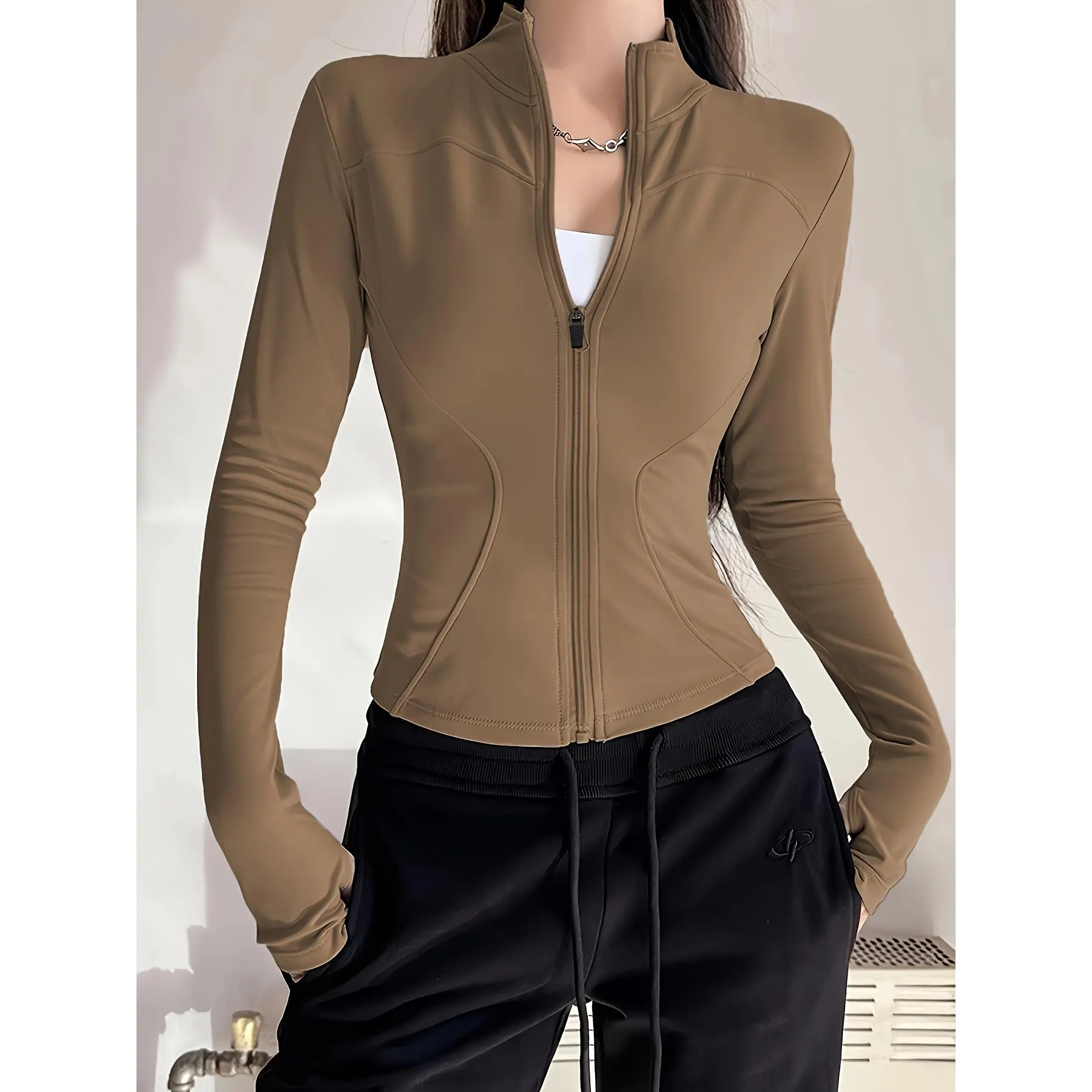 Women's Slim-Fit Athletic Jacket, High-Stretch Quick-Dry Stand-Up Collar Jacket with Thumb Holes, Long Sleeves, Breathable, Ideal for Fitness, Yoga, and Sports, Perfect Gift for Carnival, Father's Day, Ramadan, President's Day & Spring