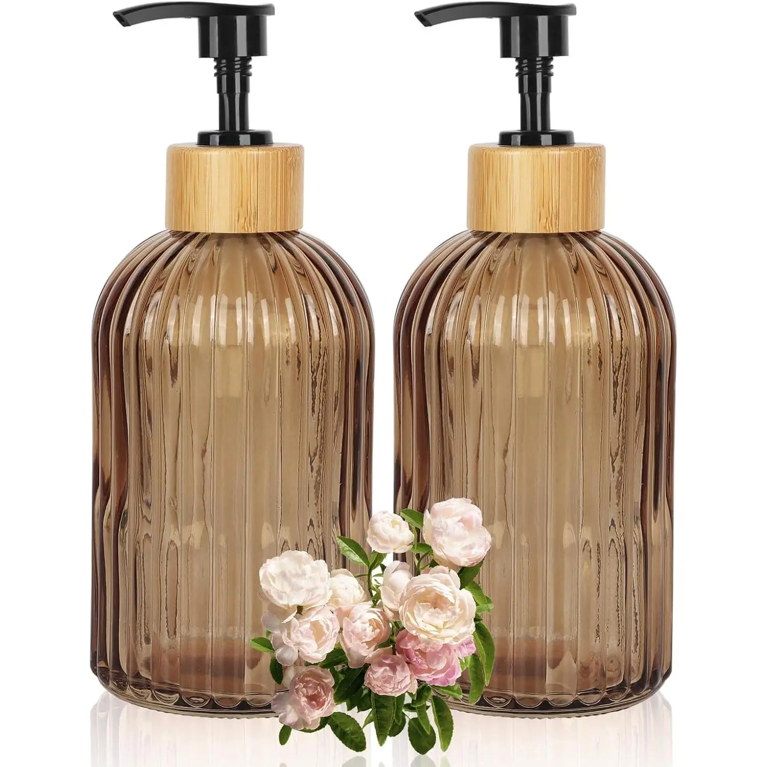 2 Pack Amber Glass Soap Dispenser with Pump, 13.5oz Vertical Stripe Design, Elegant Hand Soap Dispenser for Bathroom and KitchenGift