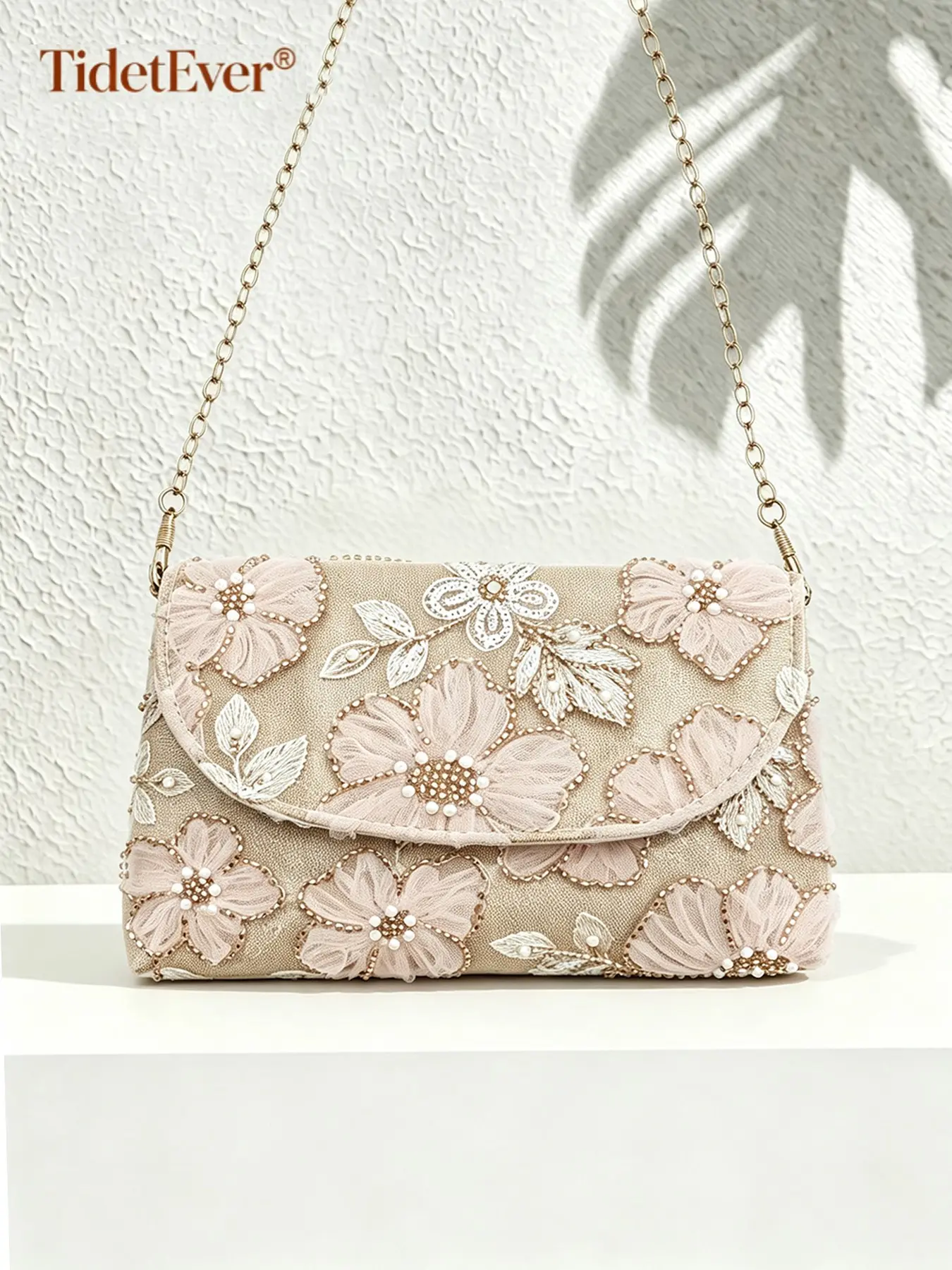 Champagne Floral Pearl Embroidered Clutch Bag, Chain Crossbody Purse for Women, Mesh Evening Handbag for Prom, Bridesmaid, Wedding Guest