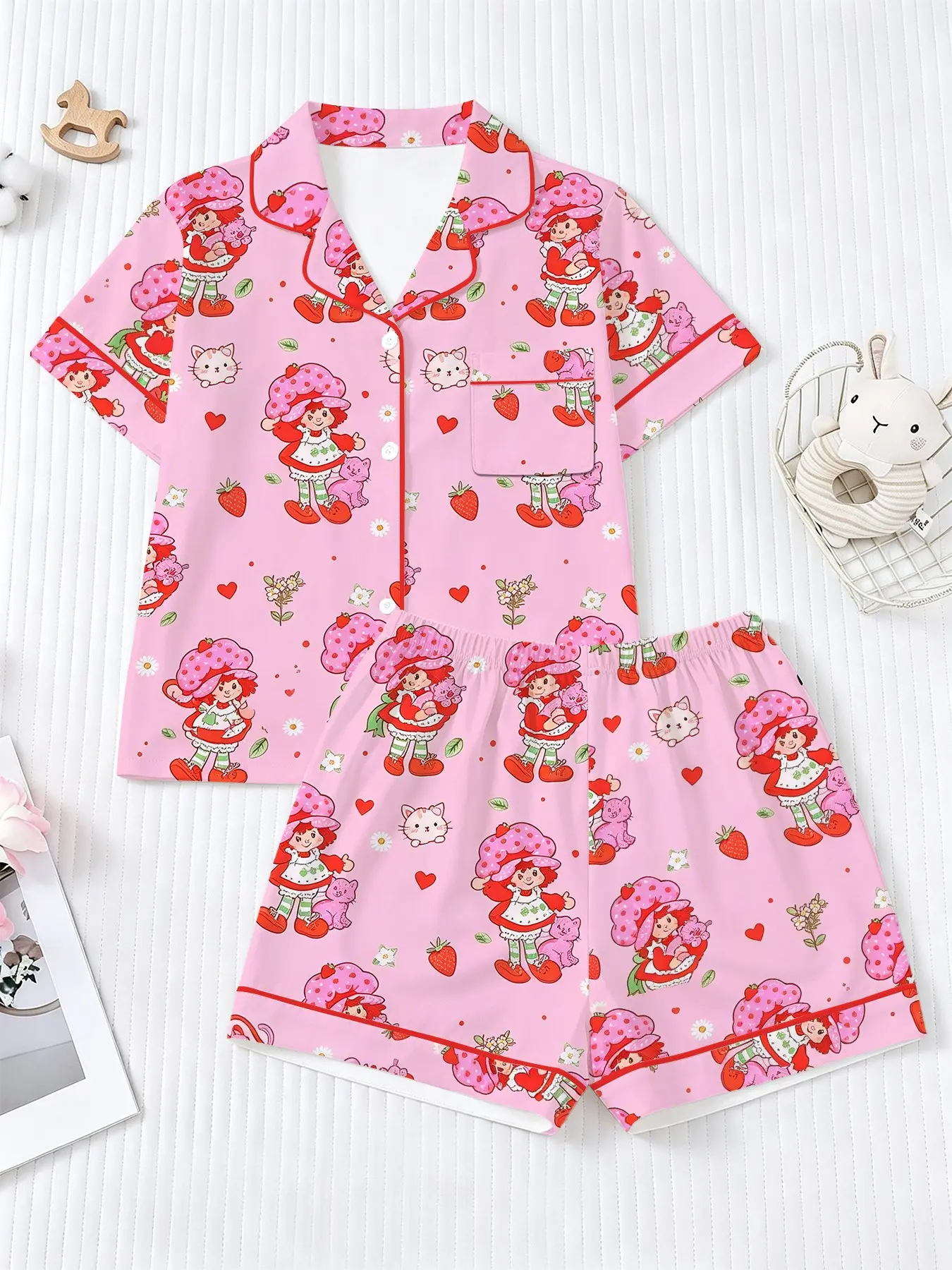 2-Piece Fruit Print Pajamas, Strawberry Cartoon Pattern, Soft Comfortable, Elastic Waistband, Summer Pjs, Casual Home Set
