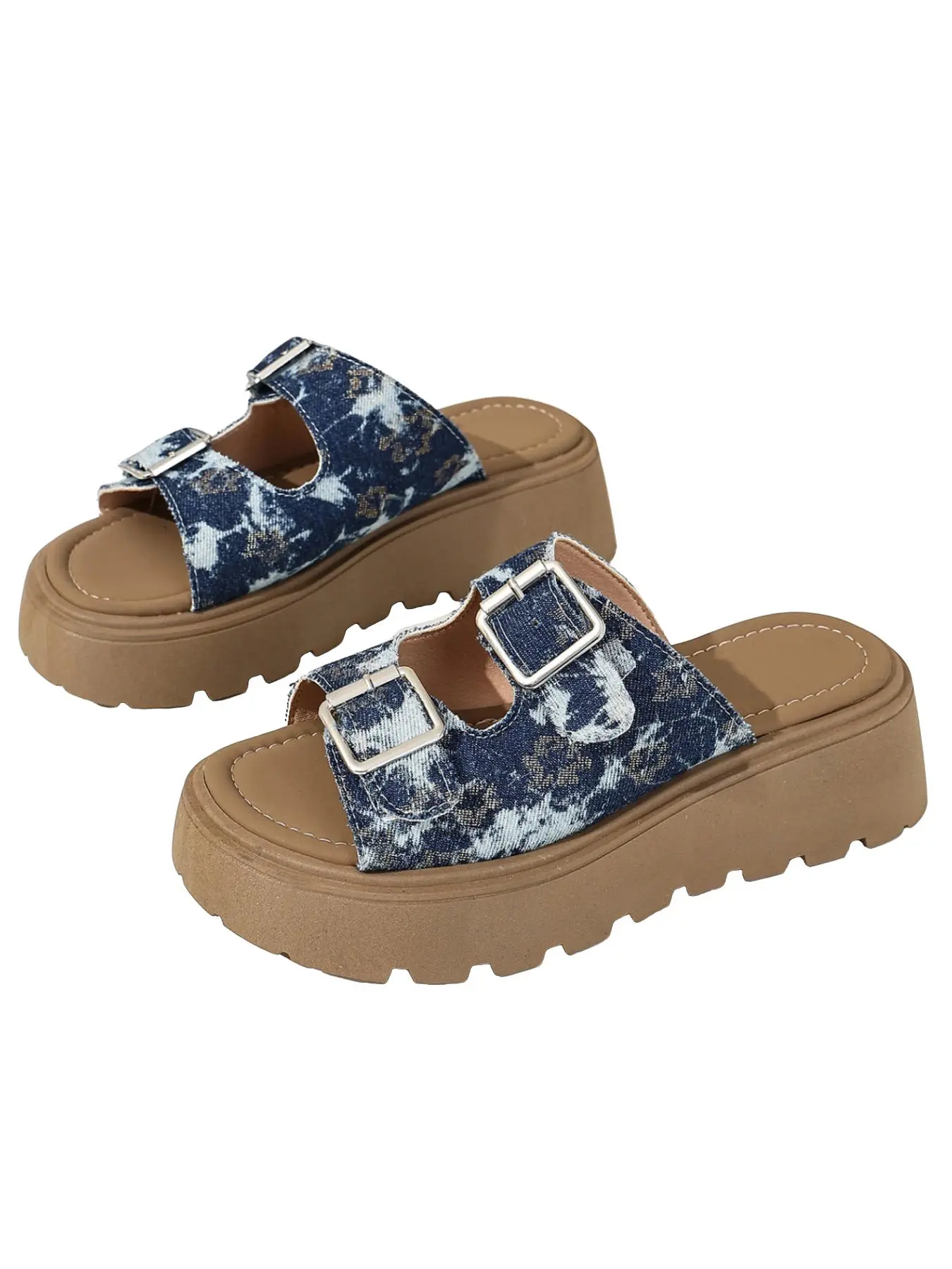 Vintage Tie-Dye Denim Thick Sole Sandals, American Washed Denim Buckle Height-Boosting Flip Flops, Distressed Denim Platform Outdoor Shoes