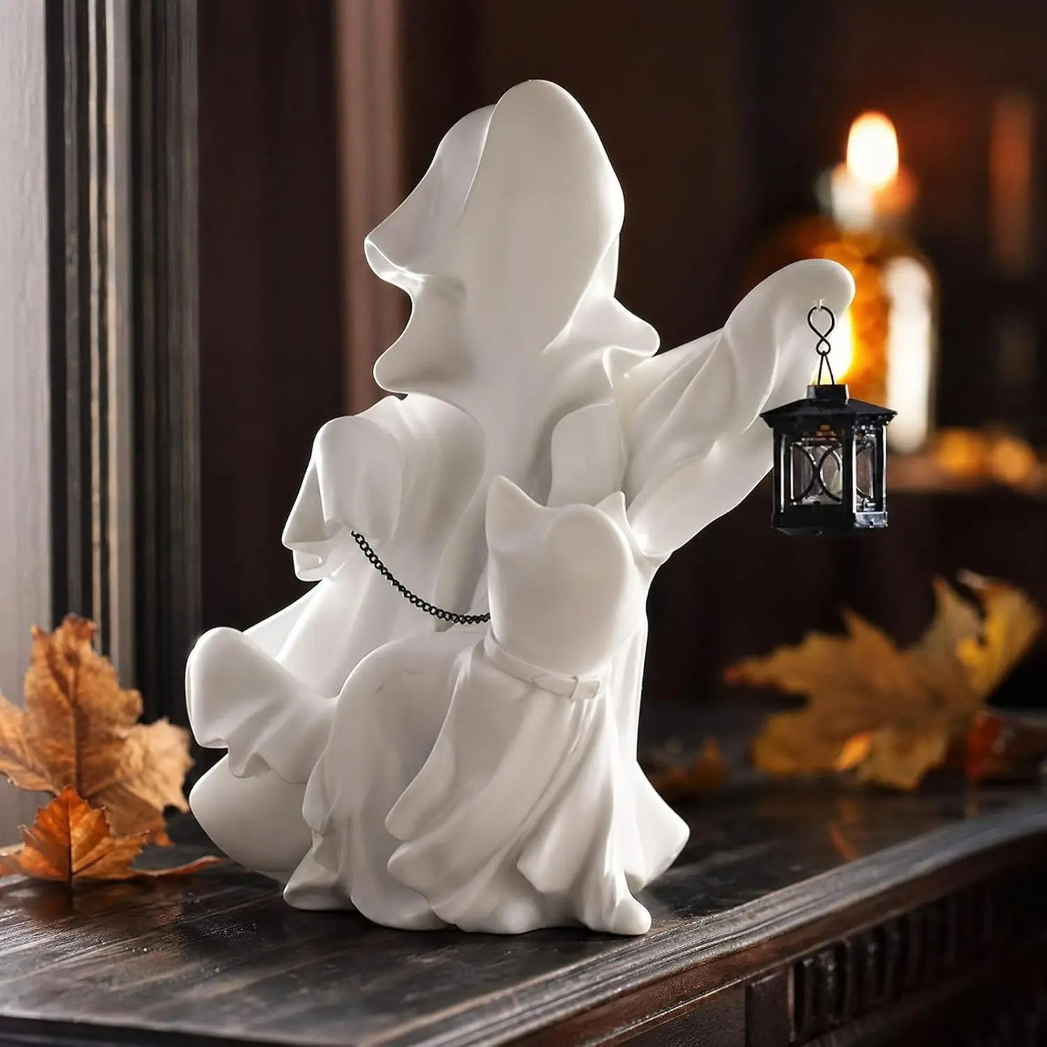 Halloween Ghost Resin Statue with Lantern and Walking Cat, Elegant Home Decor for Fireplace, Entryway, Unique Halloween Gift