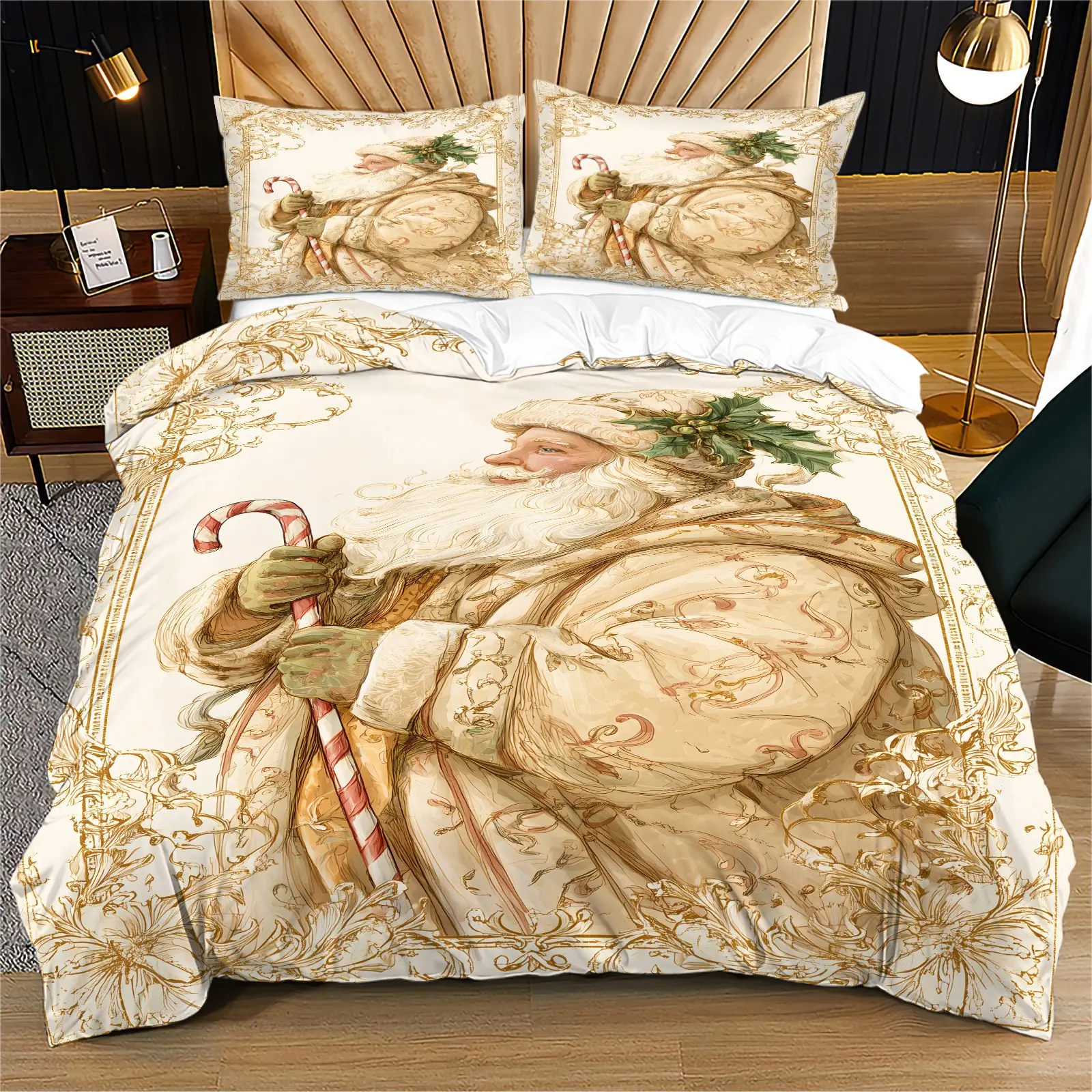 Vintage Cream Antique Santa Claus Holly Candy Cane Duvet Cover Set, Retro Victorian Christmas Bedding, 1 Duvet Cover & 1/2 Pillowcases