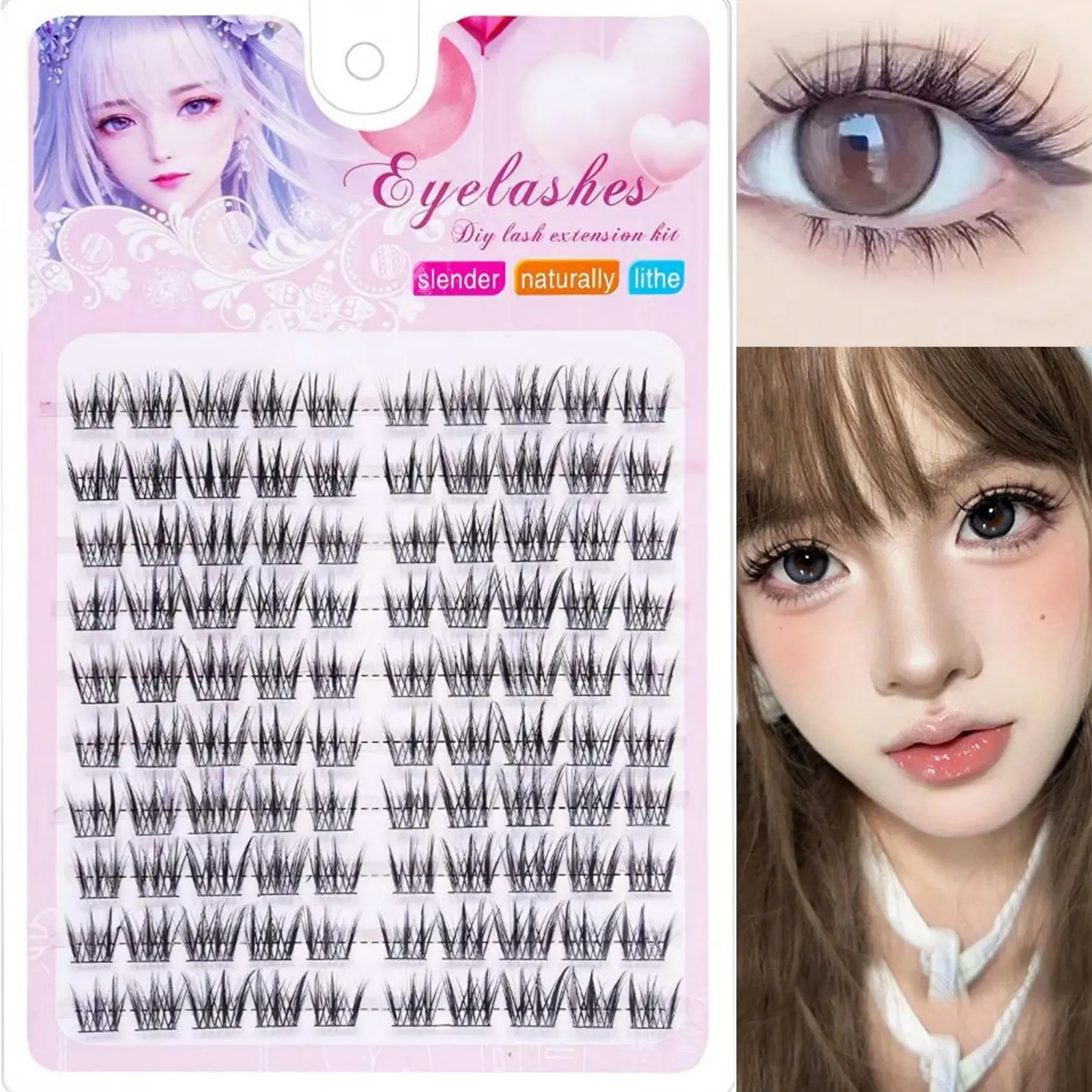 100Pcs DIY Lash Extension Kit Manga False Eyelashes Natural Look Segments Eyelashes Individual Cluster Lashes for Daily Makeup