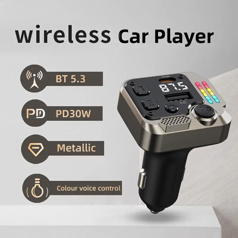 Car Bluetooth 5.3 FM Transmitter PD30W Super Fast Charger Wireless MP3 Player Colorful Voice Activated Ambient Light HD Sound Quality USB Playback Handsfree Calling Dual Output 12V 24V Universal Metallic Car Plug Fits Most Cars for Driving Music Enjoyment