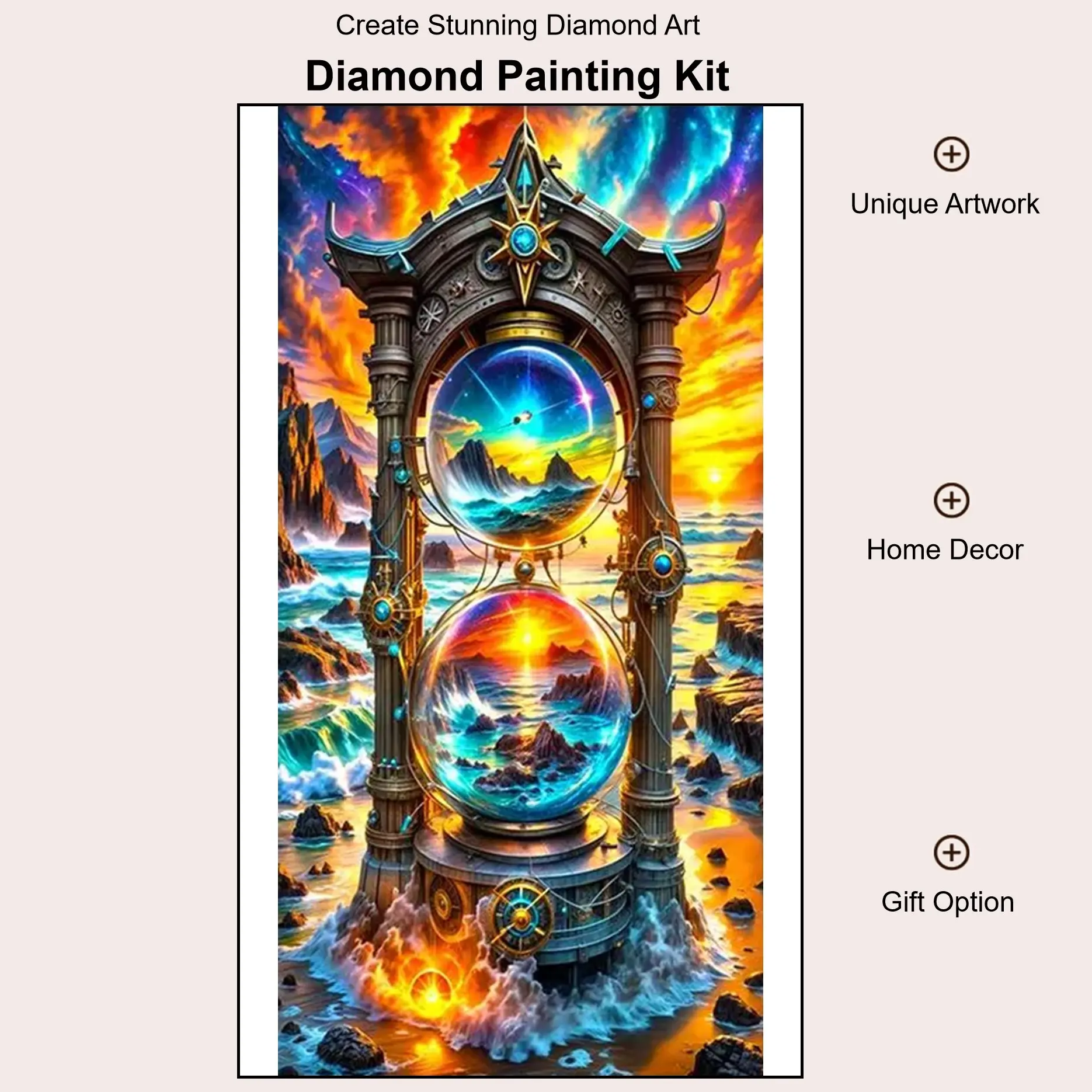 Steampunk Ocean Time Portal Diamond Painting Kit. Magical Hourglass Machine with Twin Glowing Ocean Landscapes, Sunset Sea View, Fantasy Steampunk Style. Vibrant Fantasy Wall Decor, Unique Adventure Gift, Beginner DIY Craft with Full Supplies