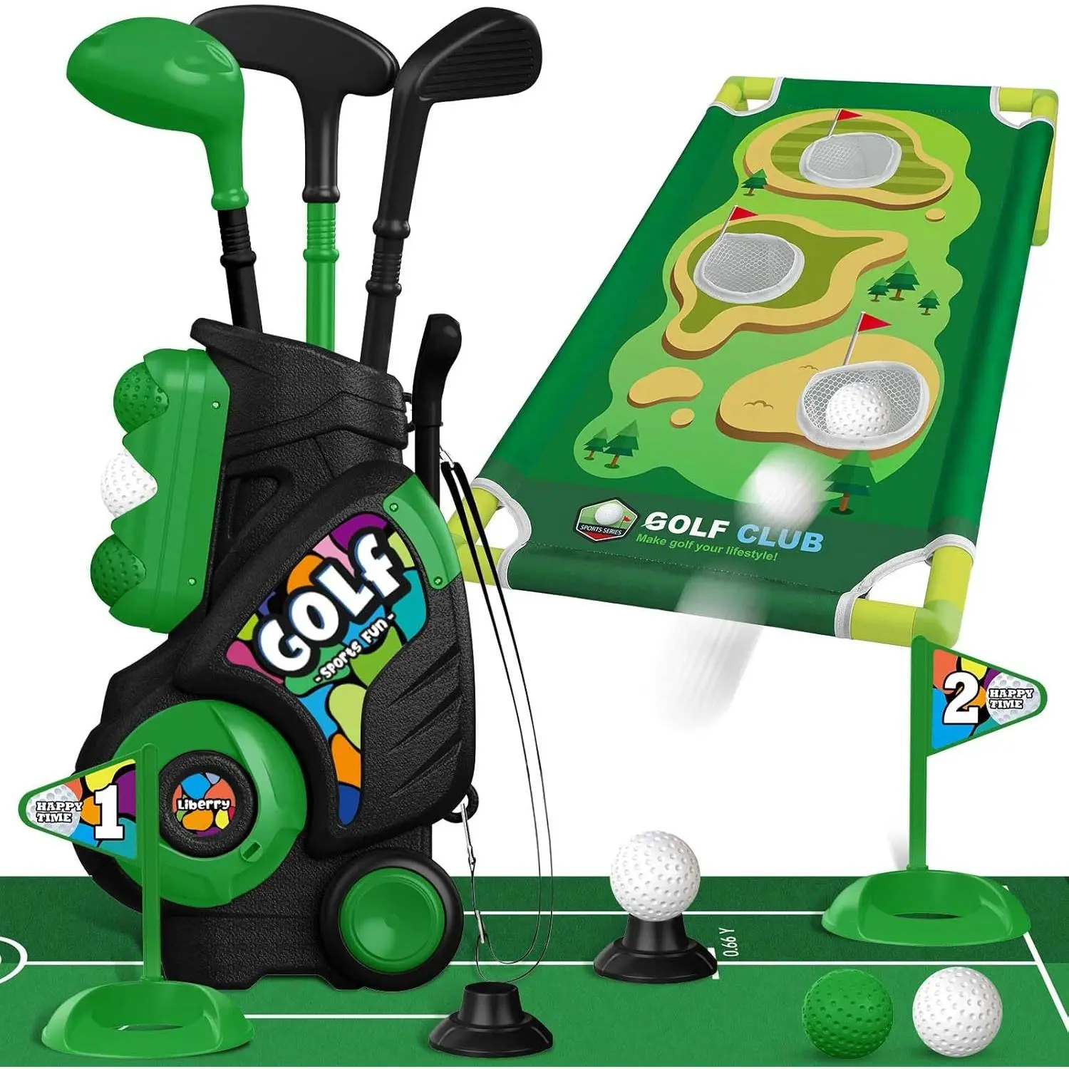 Toddler Golf Set for Ages 2 3 4 Boys Girls, Kids Golf Cart with Putting Mat & Cornhole Board, Outdoor Indoor Sports Toys Birthday Gifts, Black