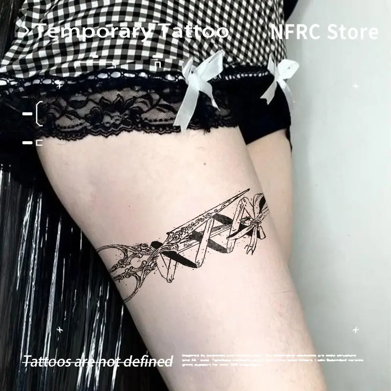 Vintage Ornate Sword With Ribbon Bow Herbal Juice Semi Permanent Tattoo Sticker Waterproof Long Lasting Fake Body Tattoo Unisex Thigh Sweet Gothic Body Art Decal
