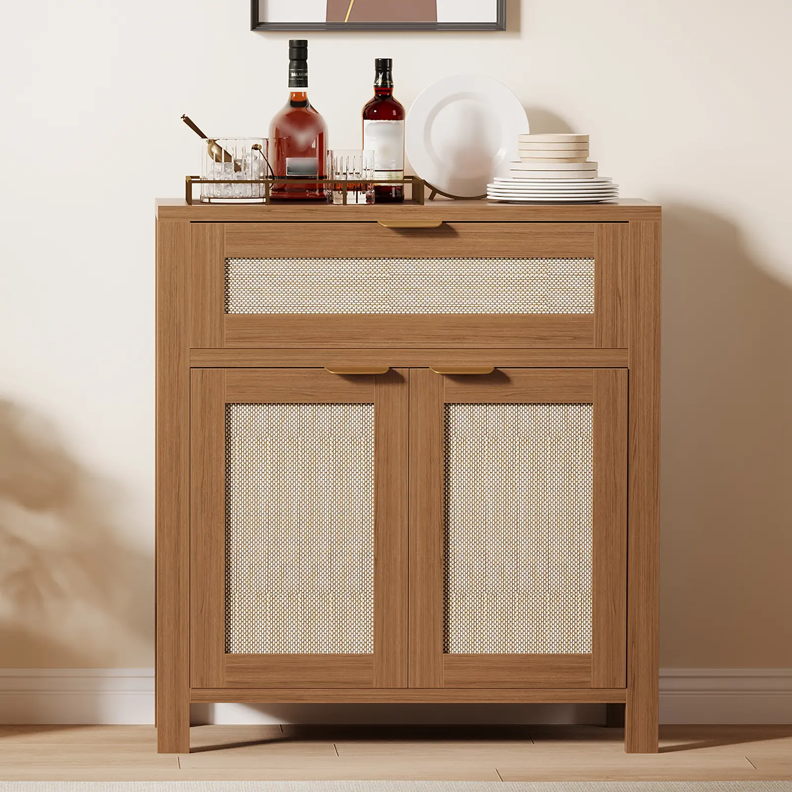 Modern Rattan Sideboard Buffet Cabinet with Adjustable Shelves and Drawer - Versatile Entryway Storage Credenza for Living Room, Kitchen, or Coffee Bar
