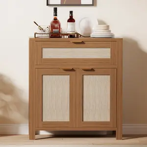 Modern Rattan Sideboard Buffet Cabinet with Adjustable Shelves and Drawer - Versatile Entryway Storage Credenza for Living Room, Kitchen, or Coffee Bar