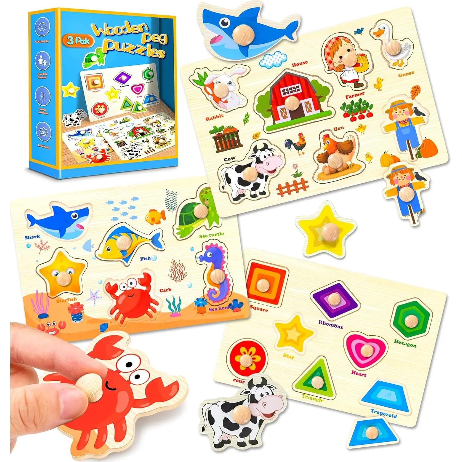 Wooden Peg Puzzles for Toddlers,Montessori Toddler Jigsaw for Child,Fine Motor Skill Learning Puzzle Toys for Baby Boys Girls Gifts-3 Pcs Shape,Farm,Sea Animal
