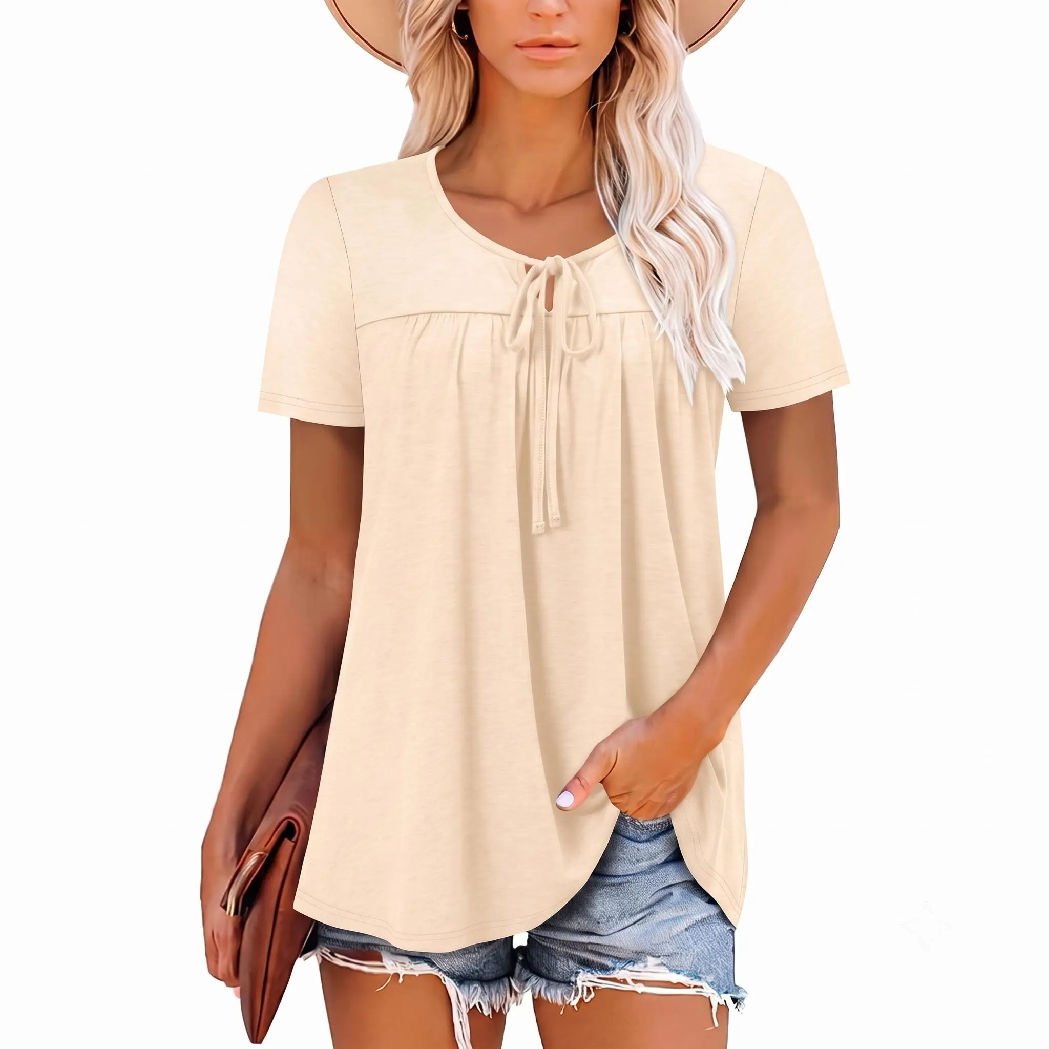 Onlypuff Womens Summer Tops Corded Short Sleeve Tunic Shirts Pleated Crewneck Corded Tops Blouses S-3XL