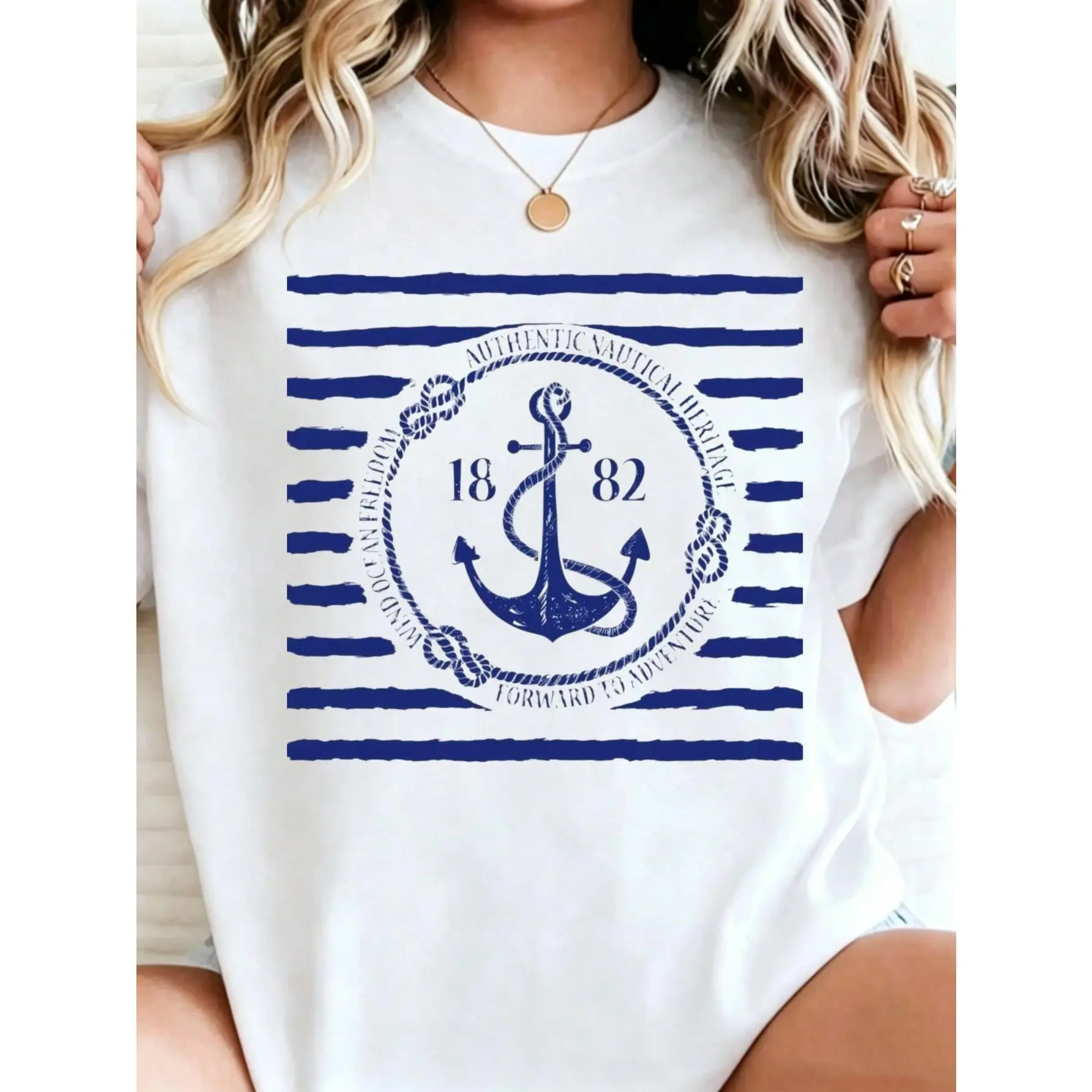Nautical Anchor Print T Shirt White Blue Stripes And Anchor Design With 1882 Text For Beach Vacation And Casual WearSummer T-Shirt Cute Y2K Graphic T-Shirt Funny Aesthetic Tee Streetwear Top Cool Gift Shirt Unisex Shirt Hip Hop Vintage T-Shirts Tees Top