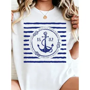 Nautical Anchor Print T Shirt White Blue Stripes And Anchor Design With 1882 Text For Beach Vacation And Casual WearSummer T-Shirt Cute Y2K Graphic T-Shirt Funny Aesthetic Tee Streetwear Top Cool Gift Shirt Unisex Shirt Hip Hop Vintage T-Shirts Tees Top