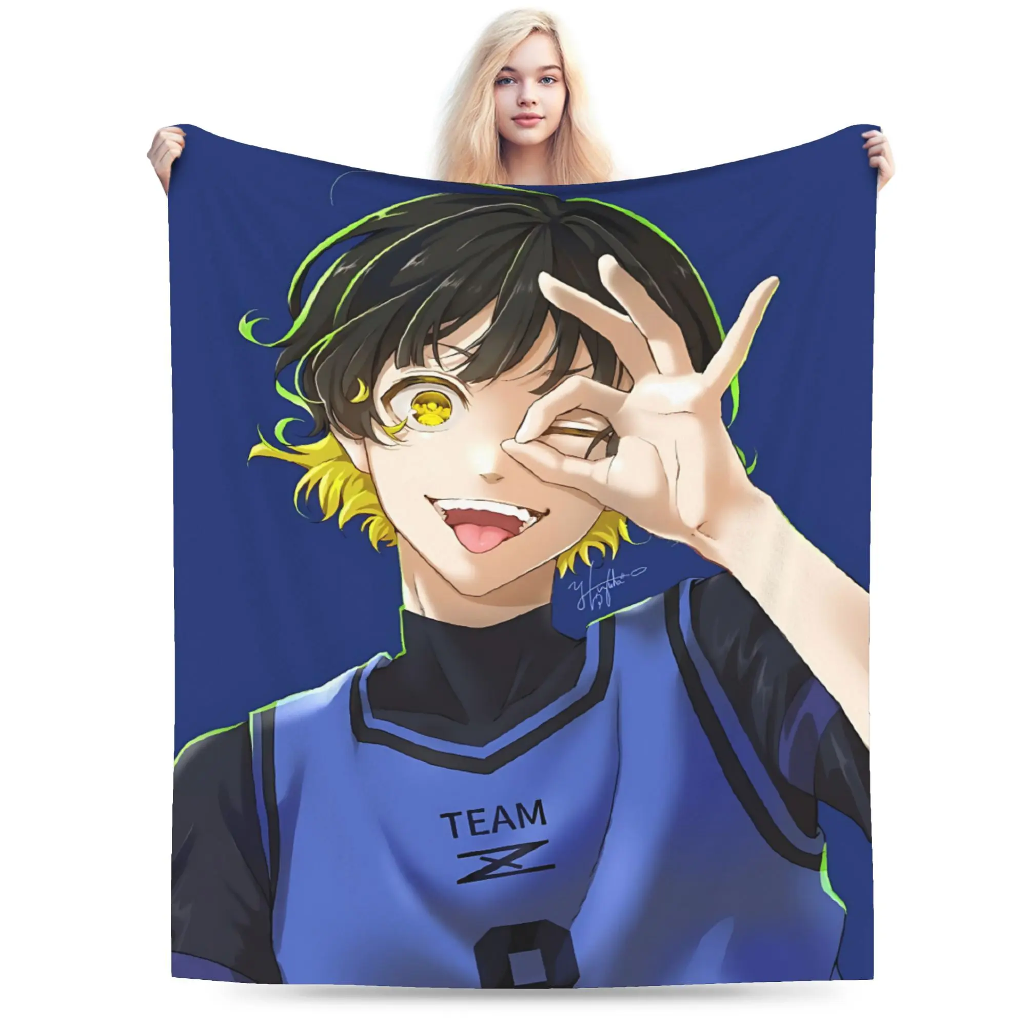 Blue Lock Bachira Meguru Anime Fleece Throw Blanket - Fleece Fabric, Multi-Size, Bright Grinning OK Gesture, Deep Solid Blue Artwork, Soft Lightweight, Resistant Prints, Sports Vibes Decor, All Seasons, Home/Office/Car Use, Birthday Gifts for Anime Fans