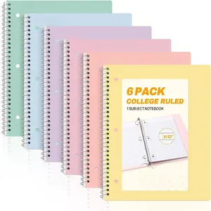 Spiral Notebooks, 6 Pack, 1-Subject, College Ruled Paper, 8" x 10-1/2", 70 Sheets per Notebook,  Pastel Colors Spiral Notebooks for School