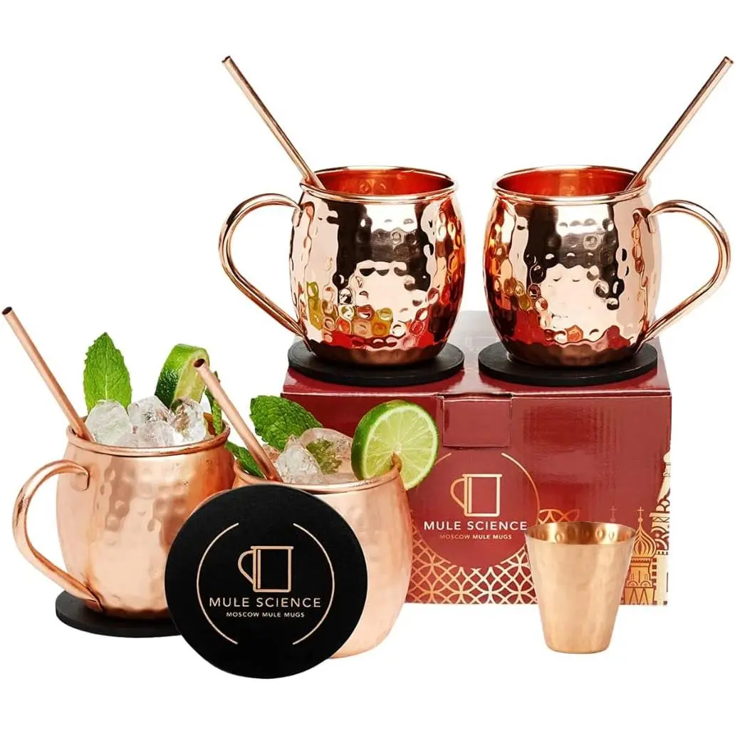 Copper Moscow Mule Mugs Set of 4 with Straws, Jigger & Coasters | Hammered Copper  Cups with -Safe Lacquer Coating (Interior & Exterior) | Lab Tested, 1-Year Warranty  Set