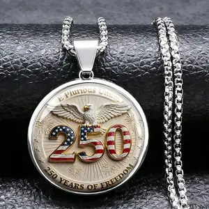 Tarnish Resistant Stainless Steel Round Pendant Necklace Engraved With 250th Anniversary Mark And E Pluribus Unum Lettering Slim Adjustable Chain Unisex For National Holiday Daily Casual Outfits Long Lasting Minimalist Patriotic Decorative Neck Accessory
