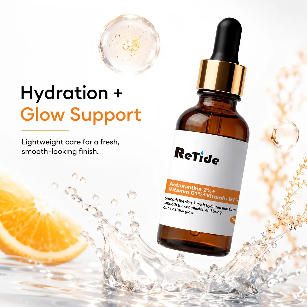 Triple Action Astaxanthin Serum with Vitamin C & E - Lightweight, Unscented Firming Formula for Deep Hydration and Smooth Skin, for All Skin Types, Glycerin, Moisturizing, Neutral, Drops, Apply Face