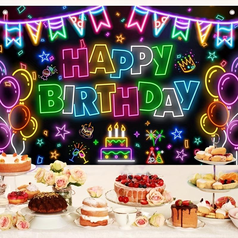1pc Black Light Durable Polyester Neno Glow-in-the-Dark Birthday Party Backdrop - Vibrant Neon "Happy Birthday" Sign with Balloons, Candles & Confetti, Banner for Indoor Celebrations & Photo Ops, Festive Room