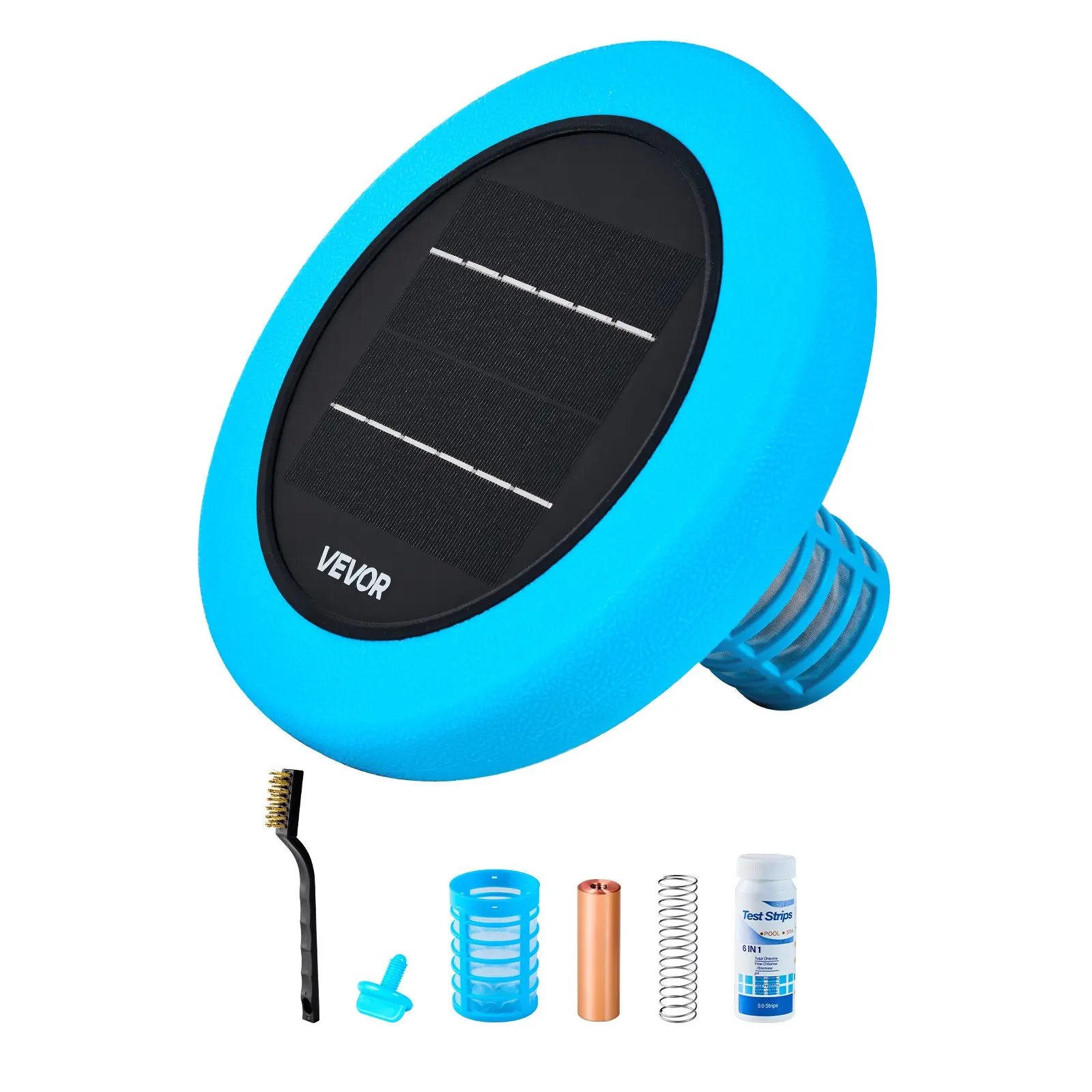 【toolupgrade】VEVOR Solar Pool Ionizer, Round Copper Pool Ionizer Up to 45000 Gal, Floating Automatic Water Cleaner and Purifier, Chlorine Free Water, with Copper Anode, Spring, Brush and Filter for Pools Spas