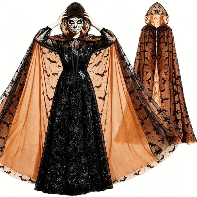 SohoChic 2026 New Unisex Halloween Witch Mesh Cape Cloak - Bat & Spider Printed Sheer Hooded Cosplay Robe, Lightweight Flowy Transparent Costume Accessory, 1-Piece Halloween Costume Women for Holiday Parties, Spooky Role Play