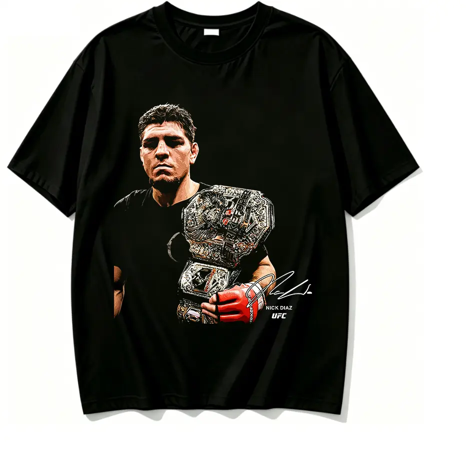 100% Cotton UFC Nick Diaz Holding Championship Belt Portrait Signature Graphic T Shirt Realistic Fighter Art Print Heavyweight Breathable Cotton Short Sleeve Martial Arts Sports Fan Casual Daily Top