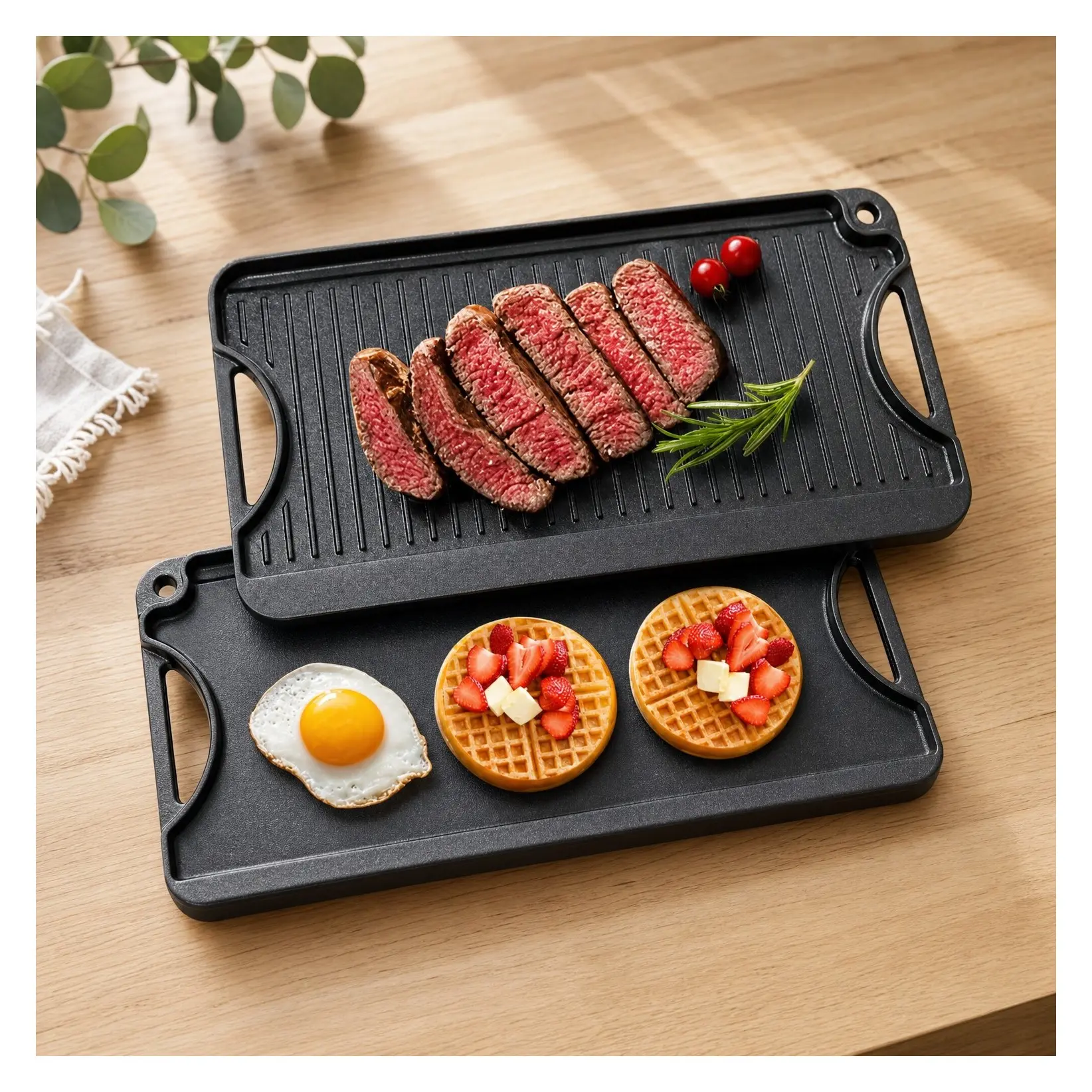 Reversible Cast Iron Grill/Griddle, 20x10 Inch Pre-Seasoned Rectangular Pan with Handle, Portable Family Cookware for Indoor/Outdoor Stove Top, Gas, Camping BBQ, BlackGift