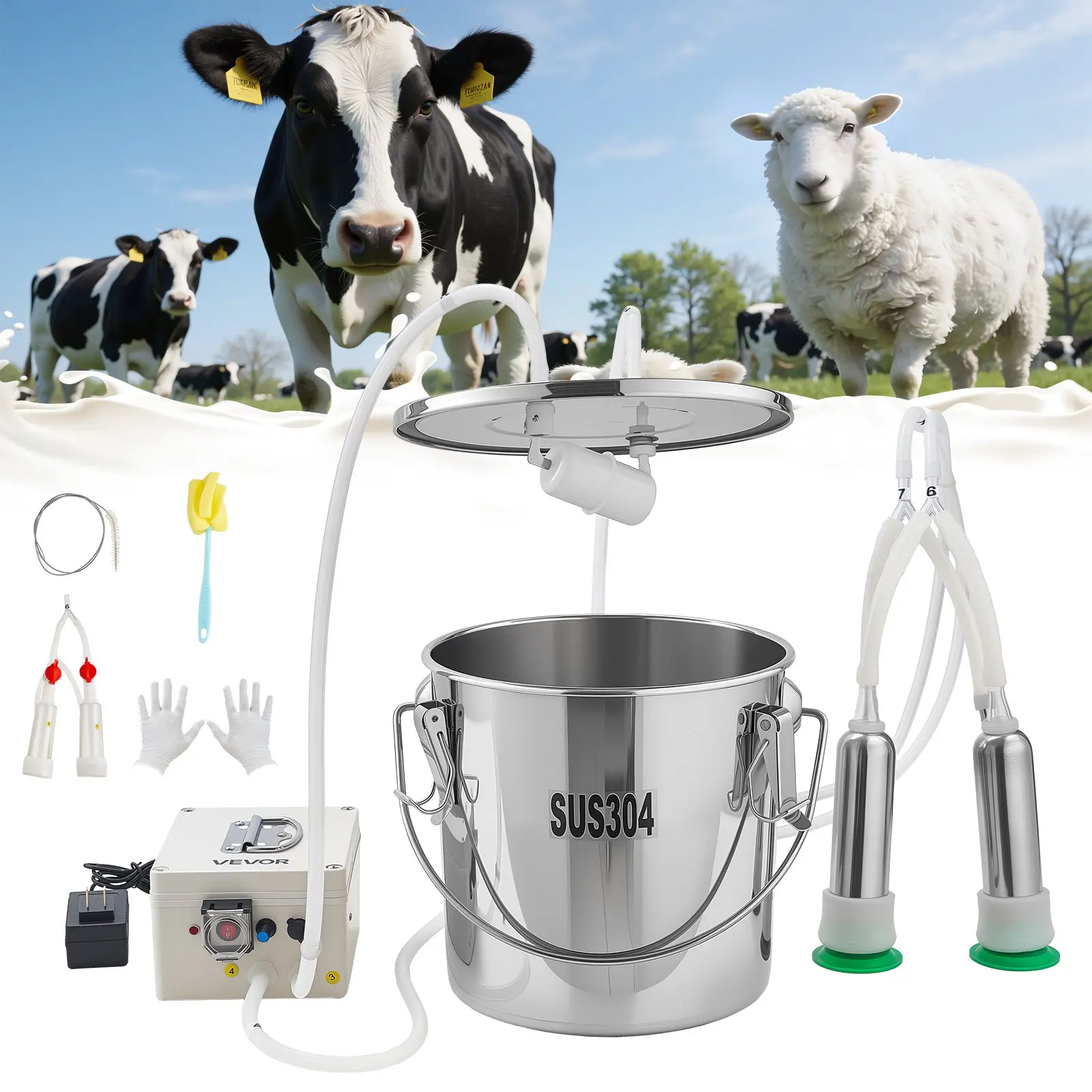 VEVOR Electric Pulsation Milking Machine - 3.2 Gal/12L Food-Grade Stainless Steel Bucket, 4 Teat Cups, 8000 mAh Rechargeable Battery, Portable Milker for Cows, Goats